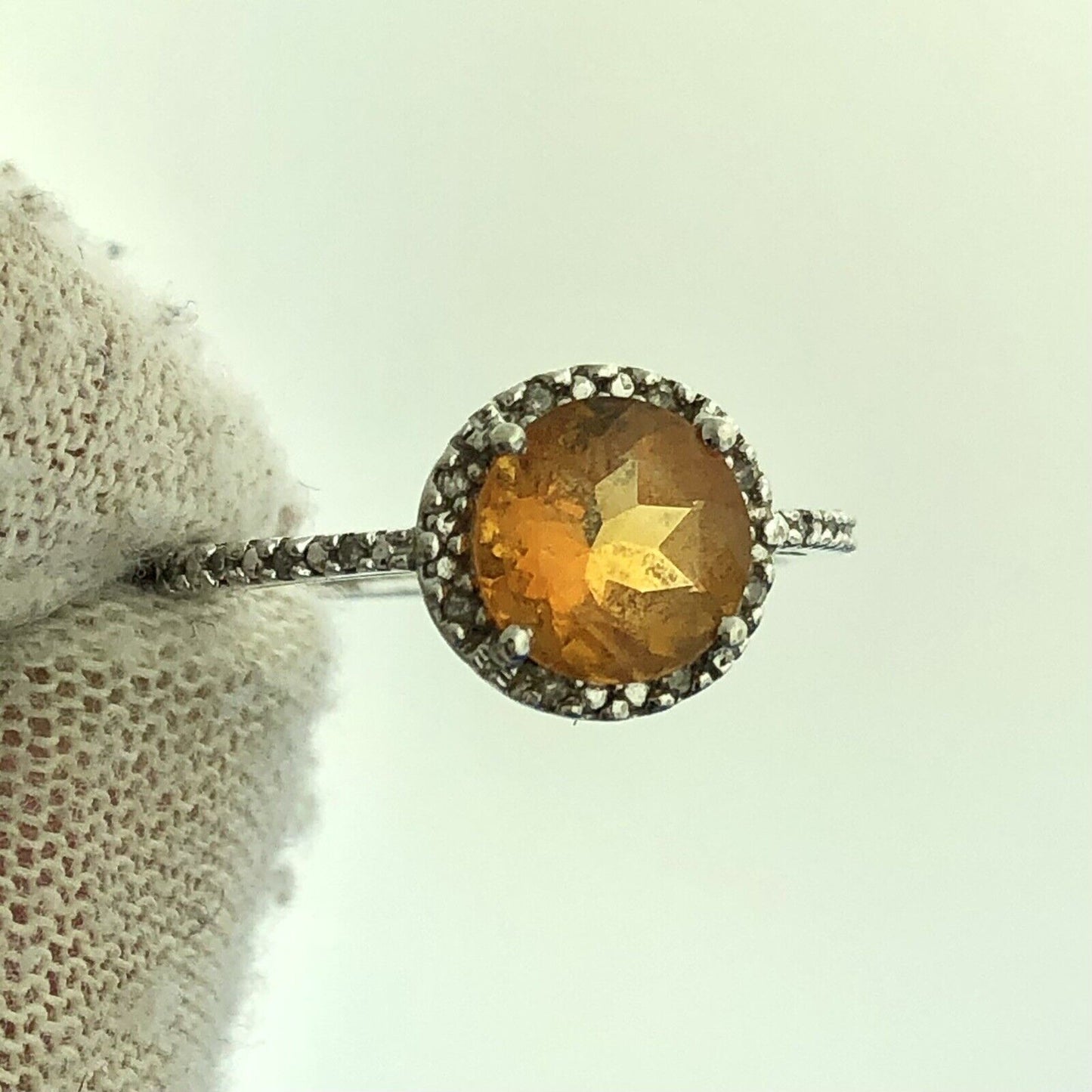 Gorgeous Sterling Silver 925 Round Cut Citrine Diamond Halo Accent Ring Size 6