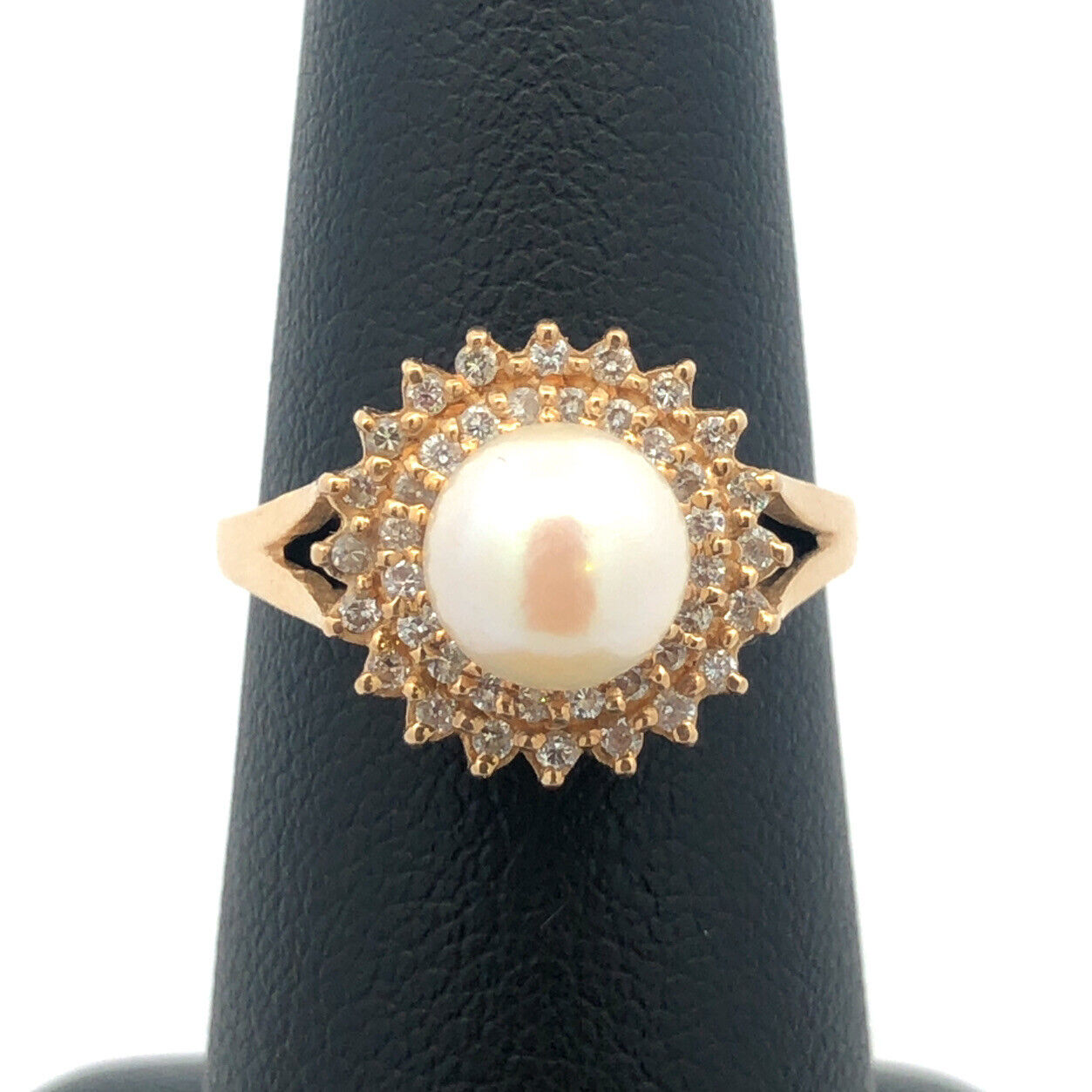 Vintage 14K Yellow Gold Pearl Solitaire Diamond Double Halo Cocktail Ring