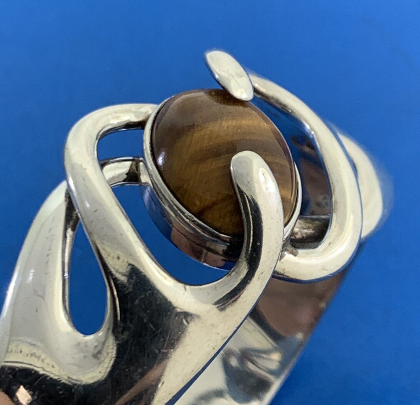 Sigfrido Pineda Taxco Modernist Sterling Silver Tigers Eye Hinged Cuff Bracelet