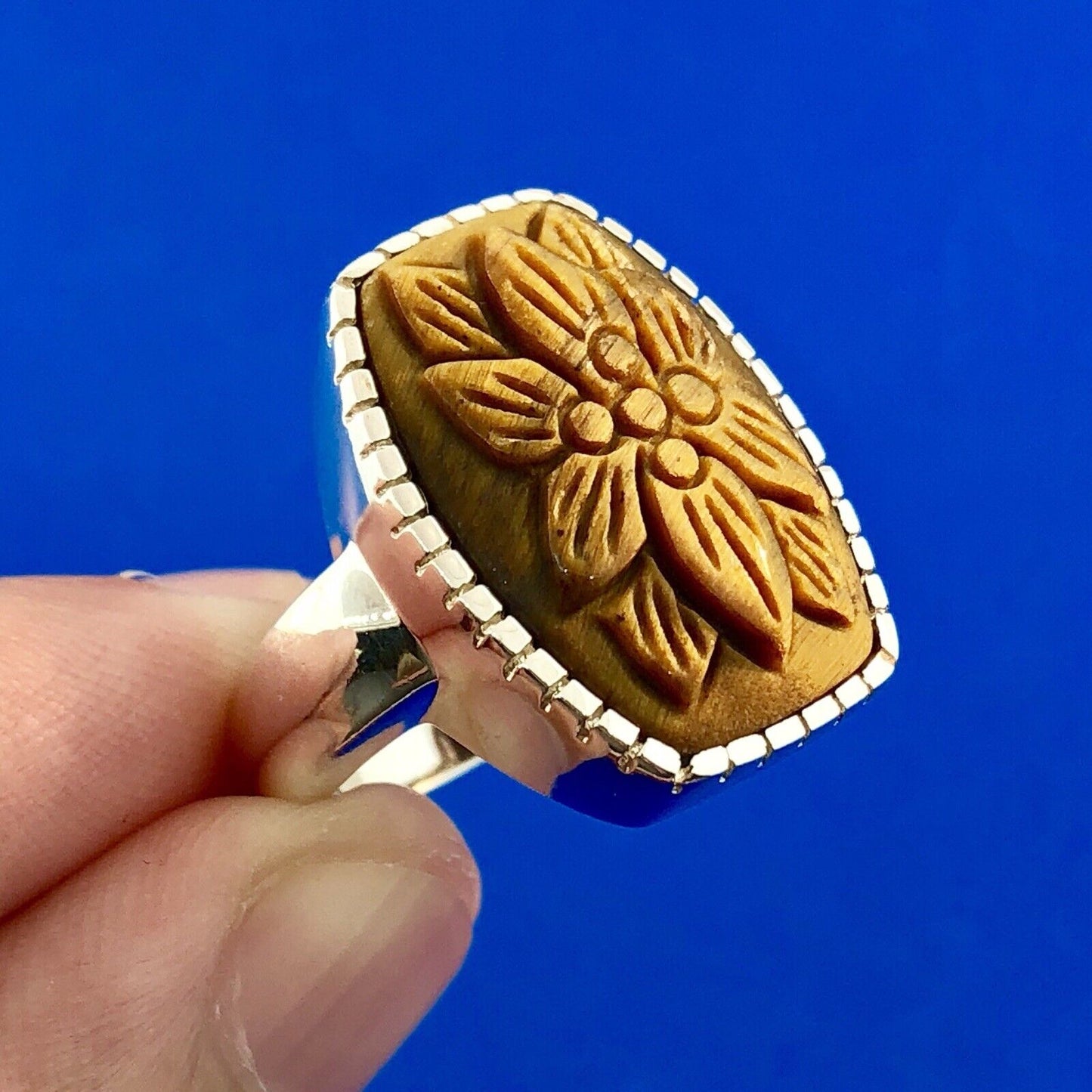 Whitney Kelly WK 925 Sterling Silver Floral Carved Tiger Eye Statement Ring