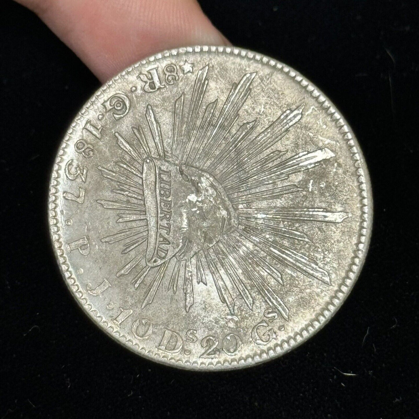 1837 Go Guanajuato Mexico 8 Reales P.J. Cap & Rays Libertad .903 Silver Coin