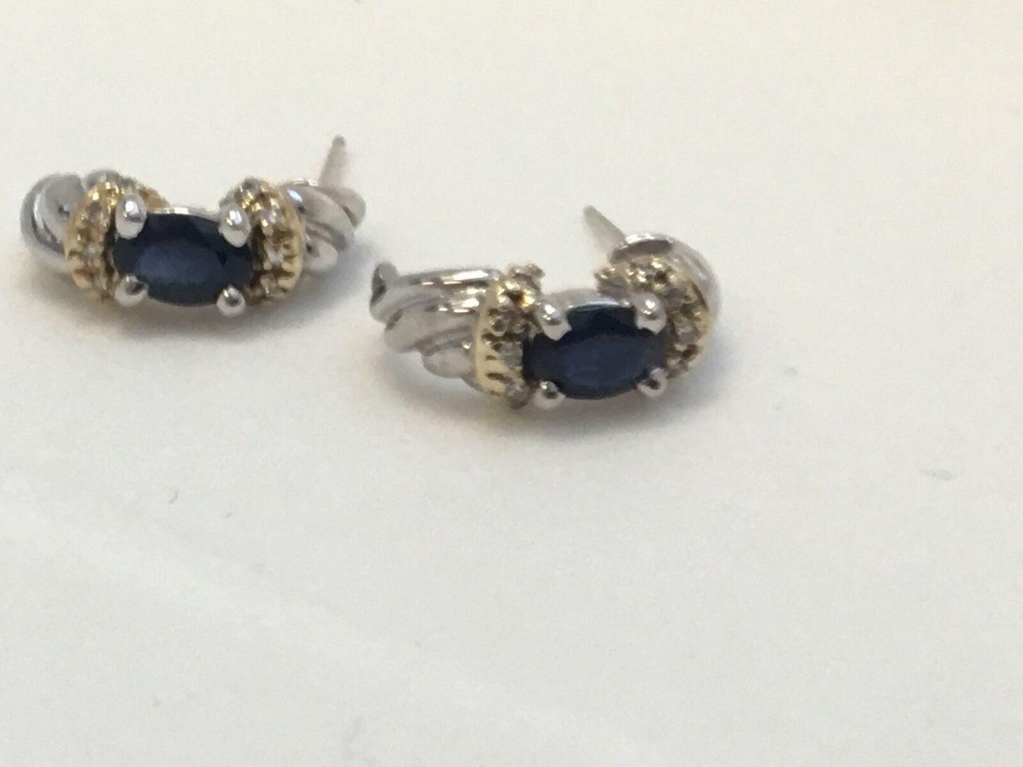 Stunning 14K White Yellow Gold Oval Sapphire Diamond Half Hoop Earrings