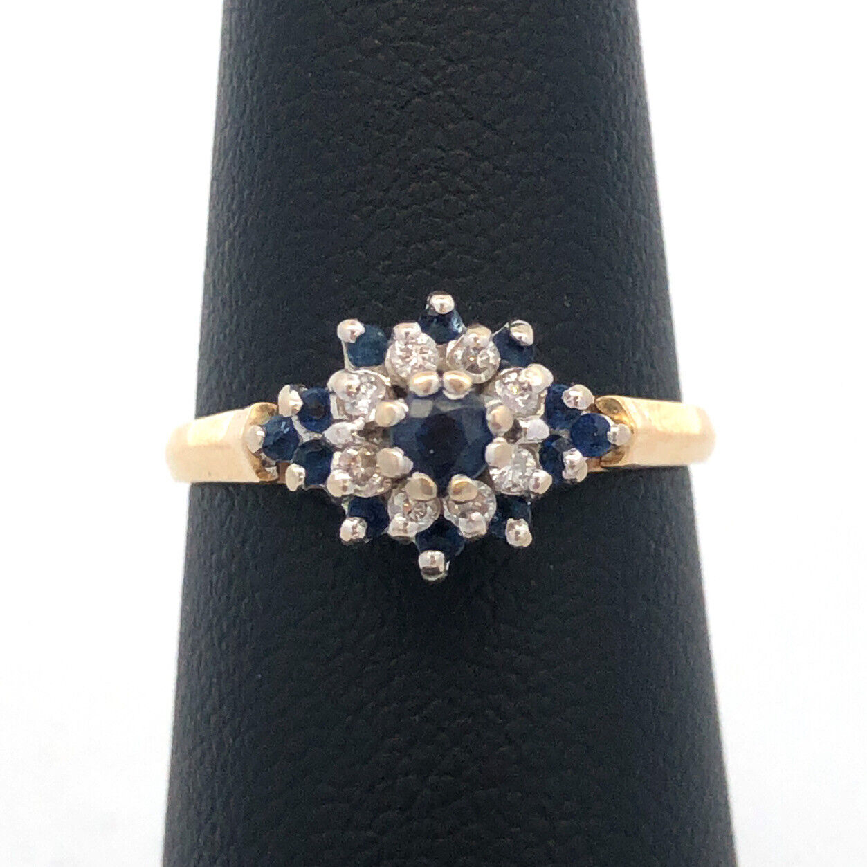 Vintage 14K Yellow White Gold Sapphire Diamond Star Flower Cluster Cocktail Ring