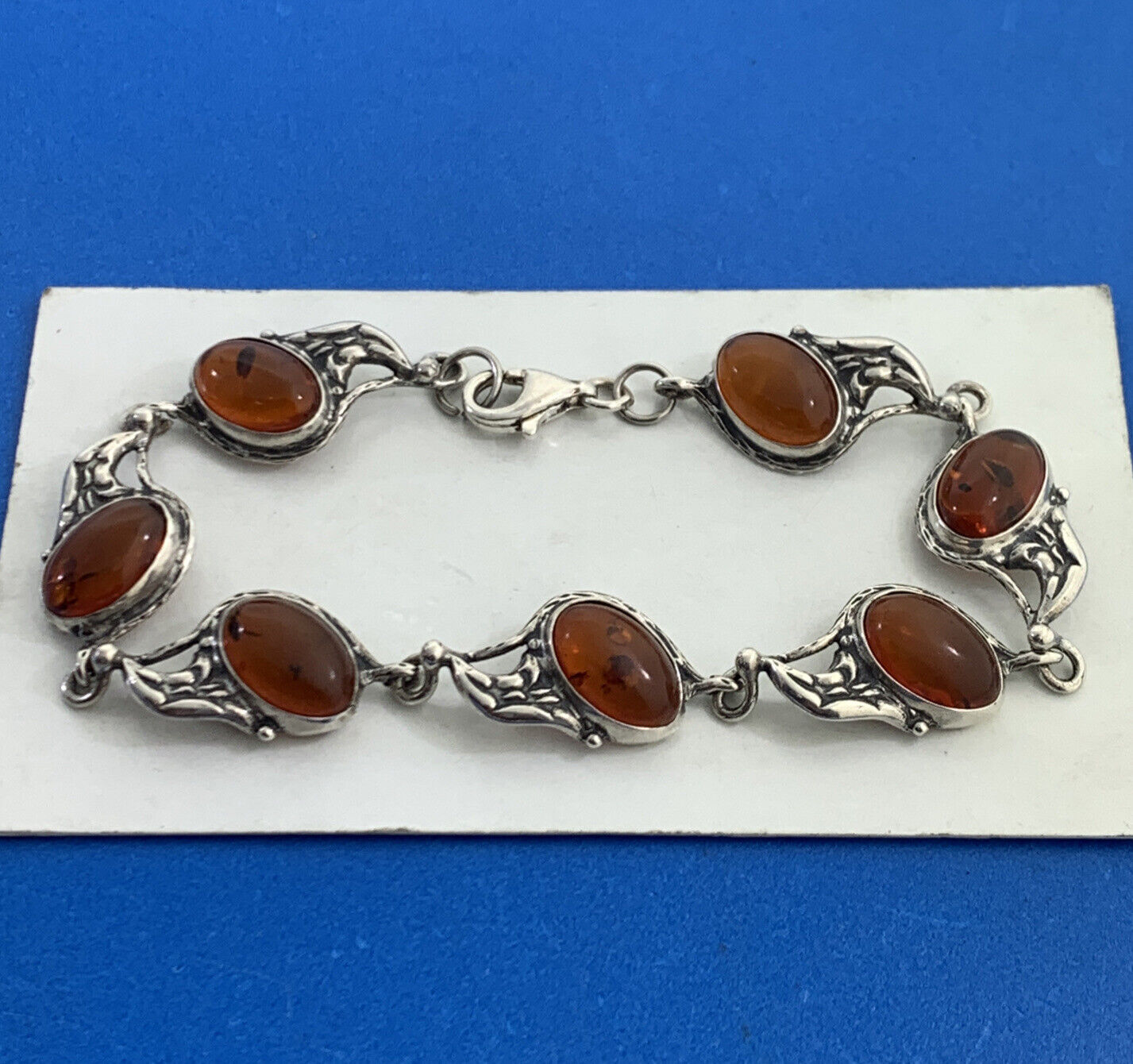 Vintage 925 Sterling Silver Oval Amber Cabochon Station Tennis Bracelet