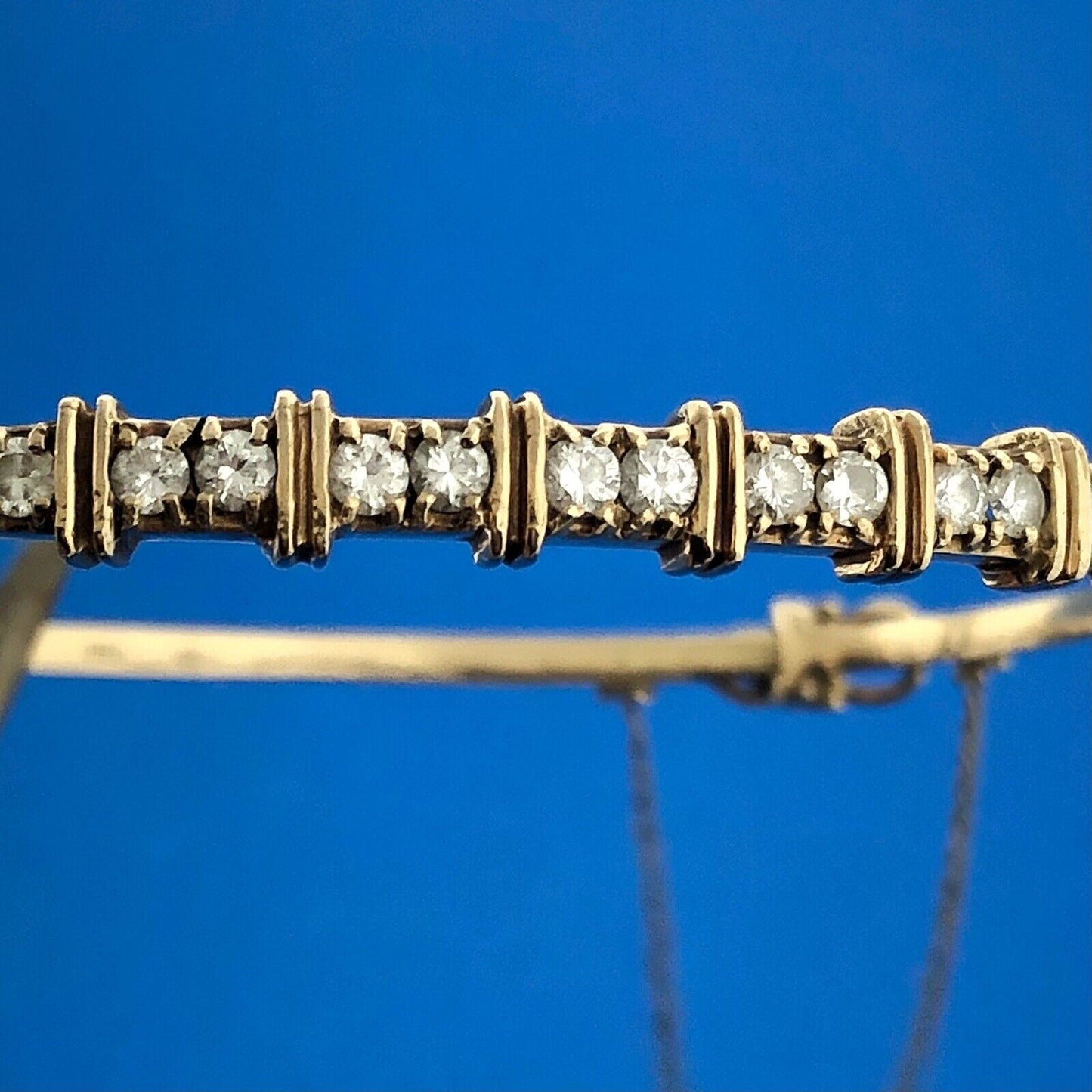 Vintage 14k Yellow Gold Round Cut Diamond Hinged Cuff w/Safety Chain Bracelet