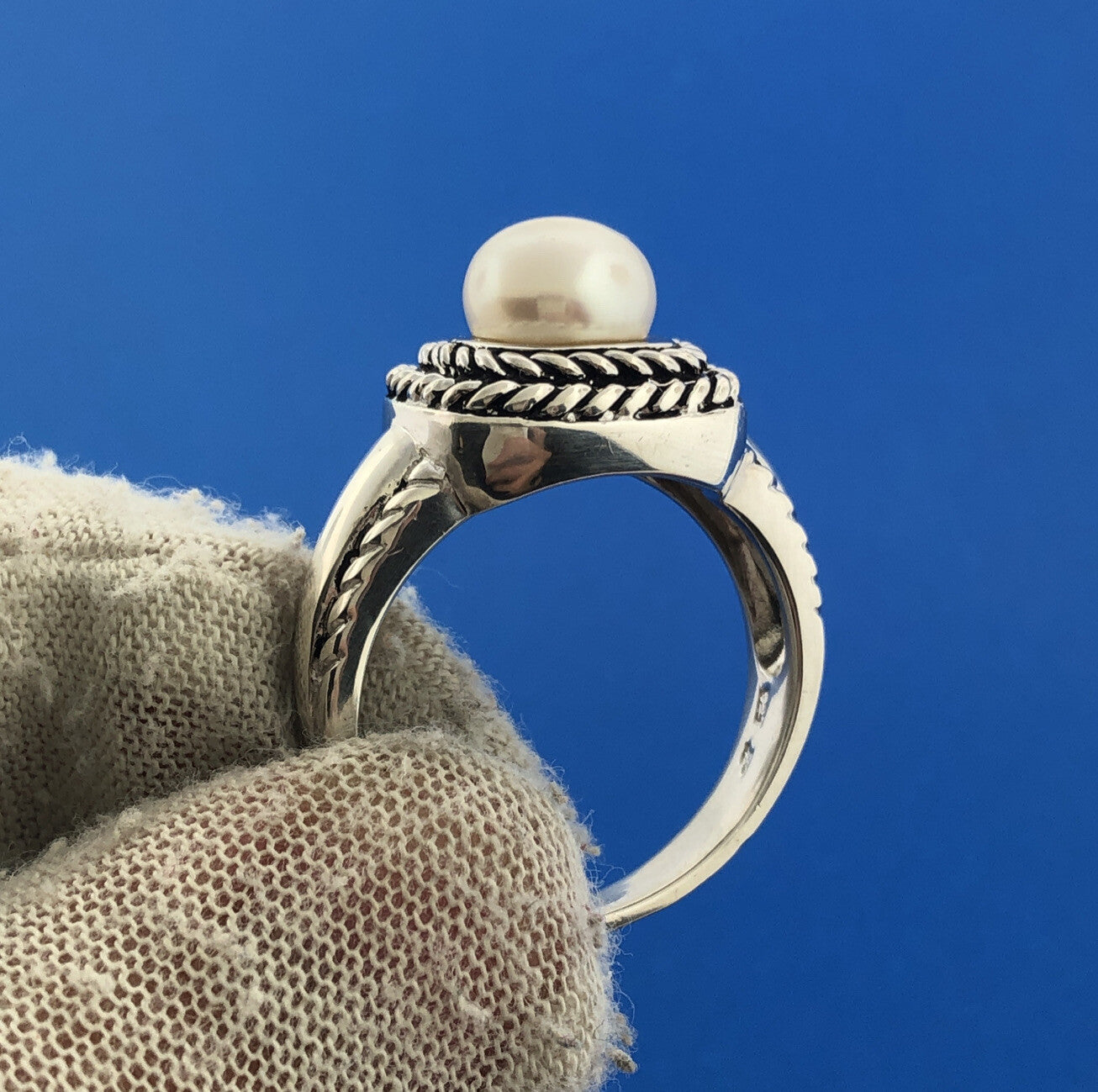 Stunning Sterling Silver 925 White Pearl Square Rope Statement Ring Size 11