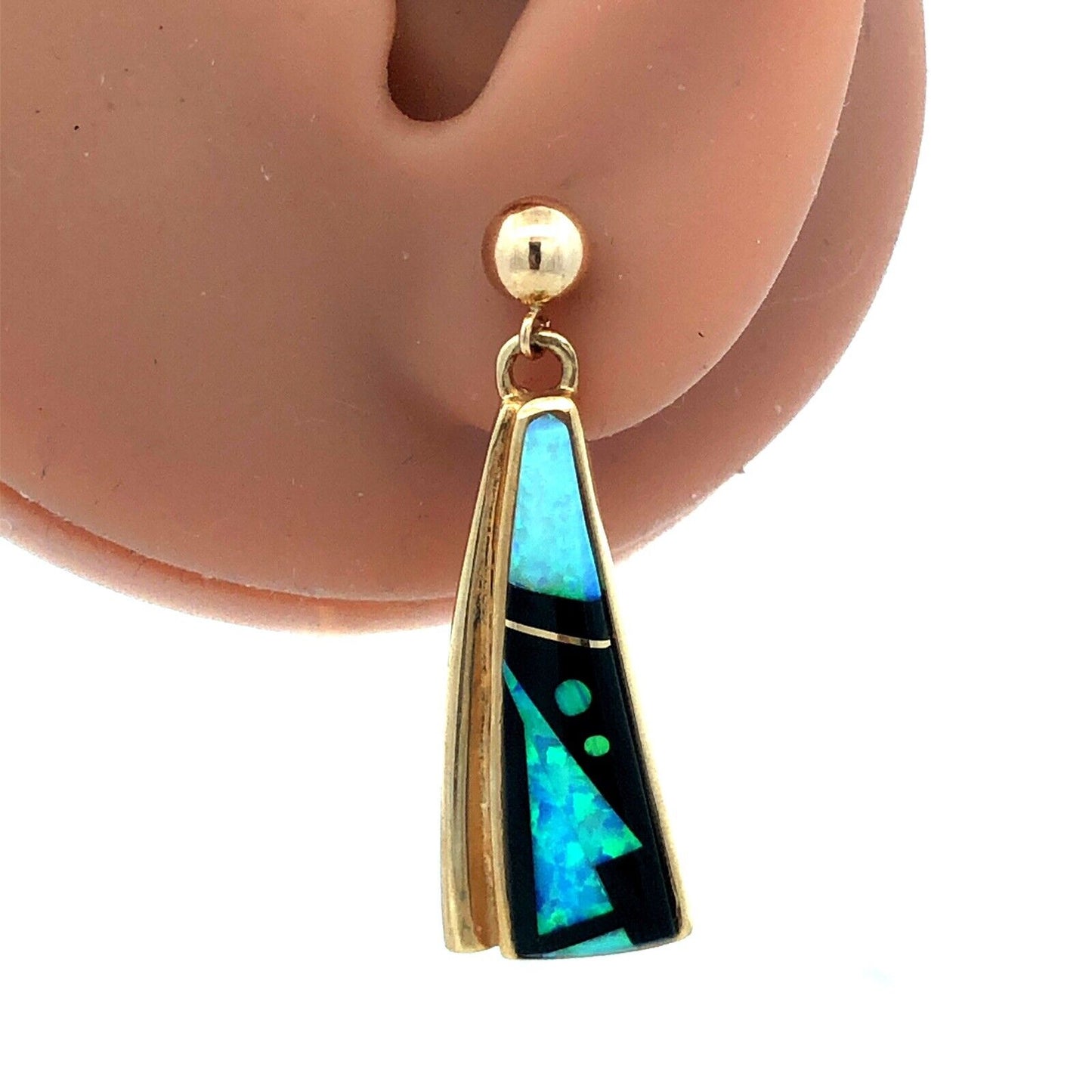 Calvin Begay Navajo 14K Yellow Gold Opal Onyx Storyteller Statement Earrings