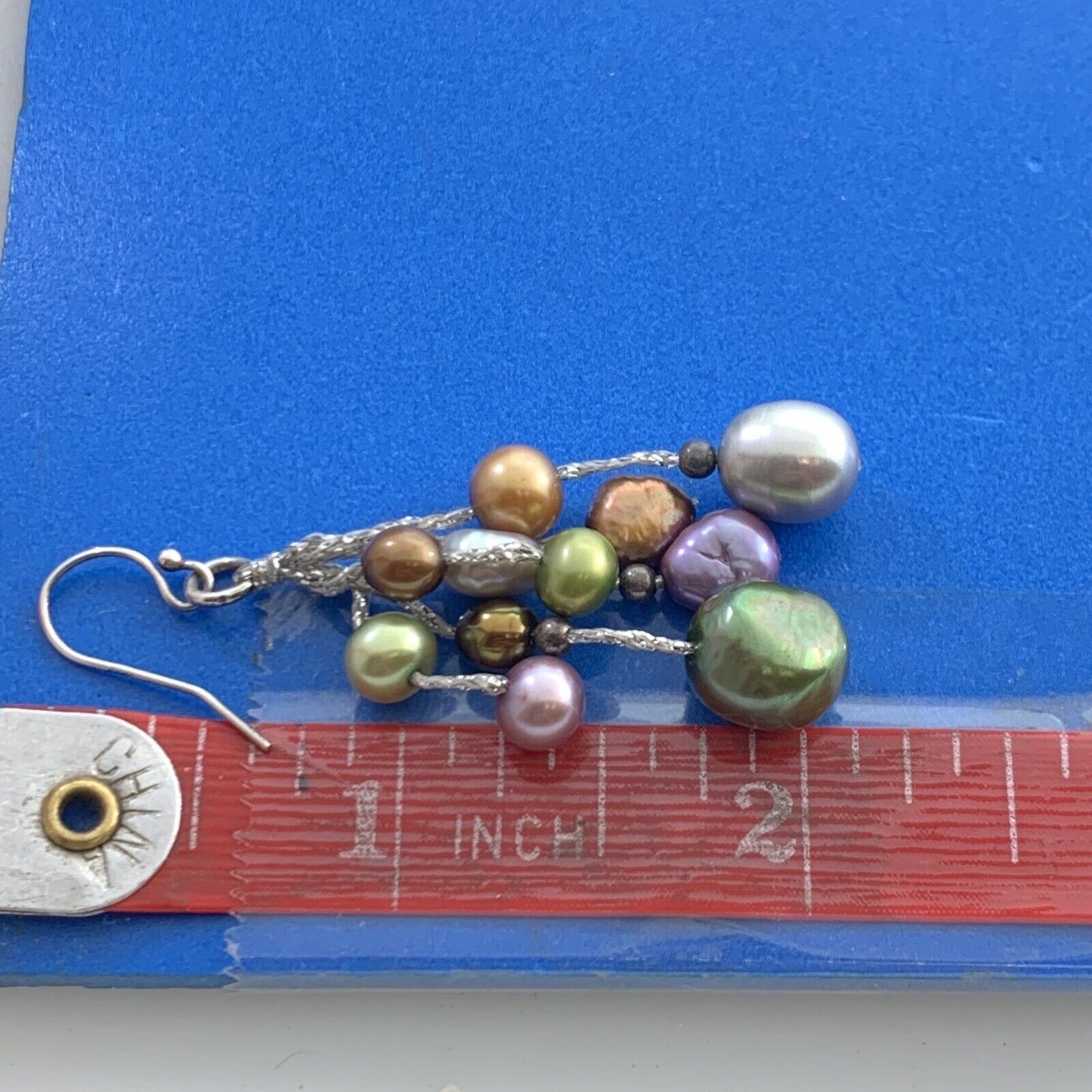 Estate 925 Sterling Silver Green Purple Gold Silver Pearl Hook Dangle Earrings