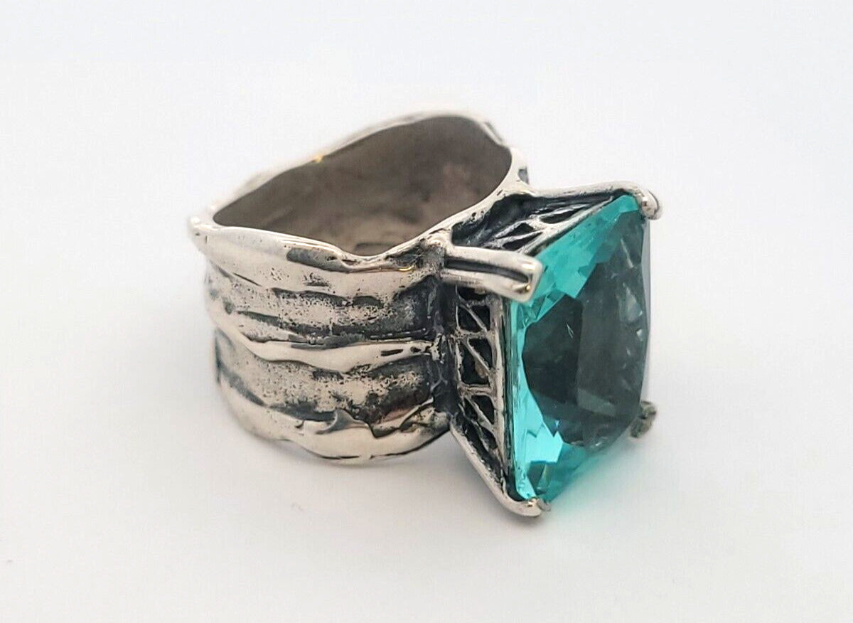 Designer 925 Sterling Silver Radiant Cut Blue Topaz Size 6.75 Wide Band Ring