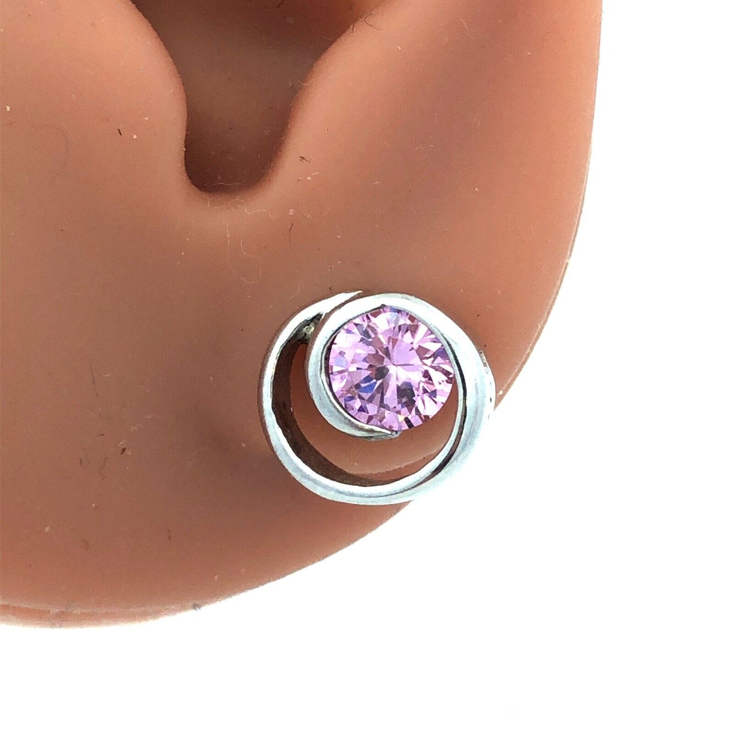 925 Sterling Silver Round Pink Tourmaline Solitaire Swirl Stud Earrings