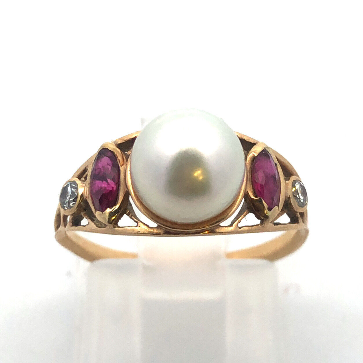 Vintage 14K Yellow Gold Pearl Ruby Diamond Art Deco Style Cocktail Ring