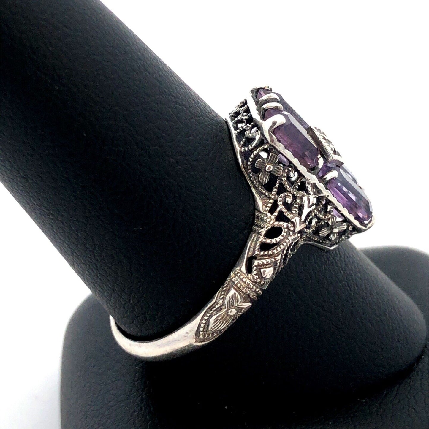 Designer CNA 925 Sterling Silver Amethyst Diamond Filigree Detail Rectangle Ring
