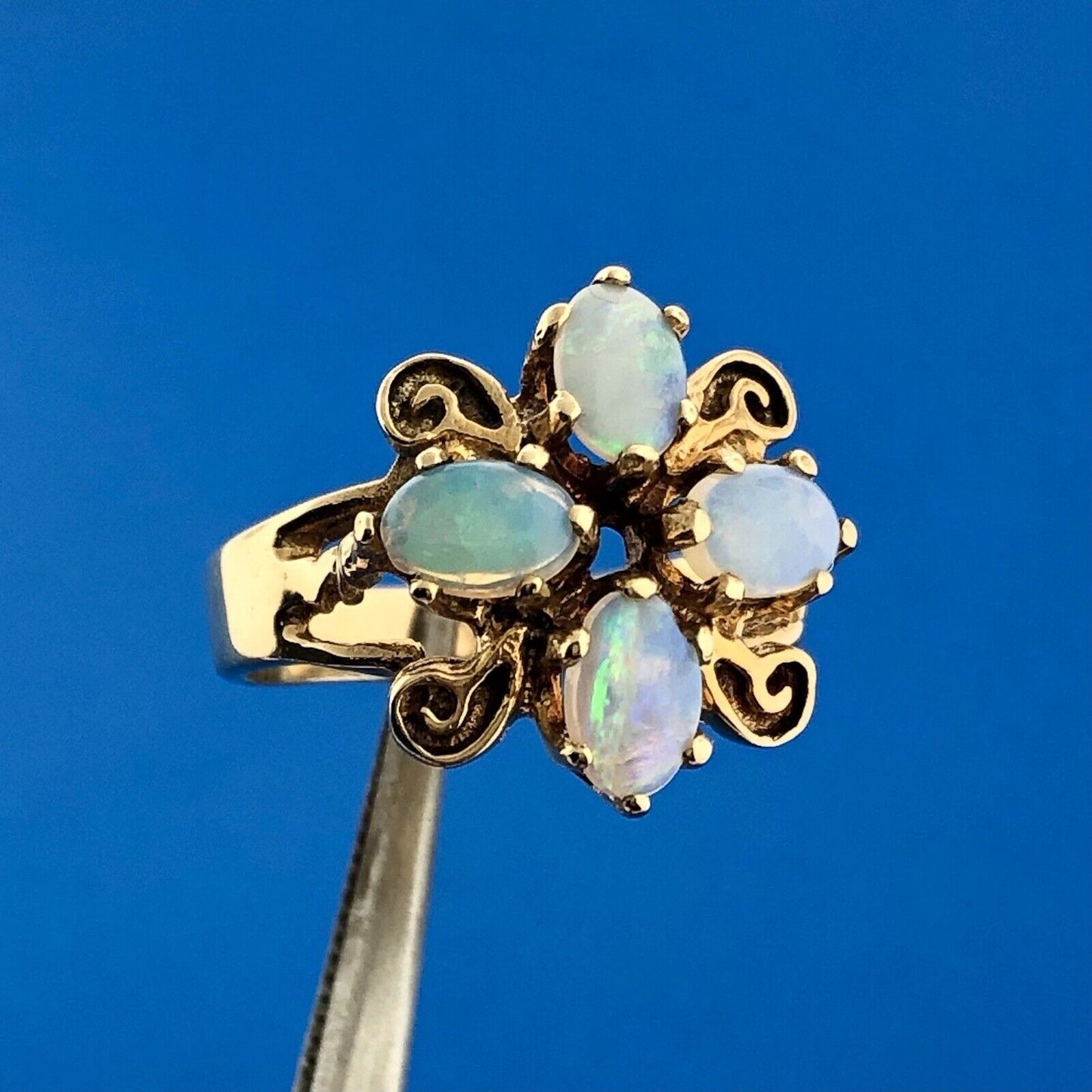 Mid Century 14K Yellow Gold Oval Opal Cabochon Floral Scroll Butterfly Ring