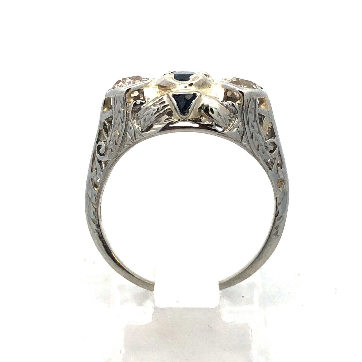 Vintage Platinum Oval Sapphire Round Diamond Trio Filigree Engagement Ring