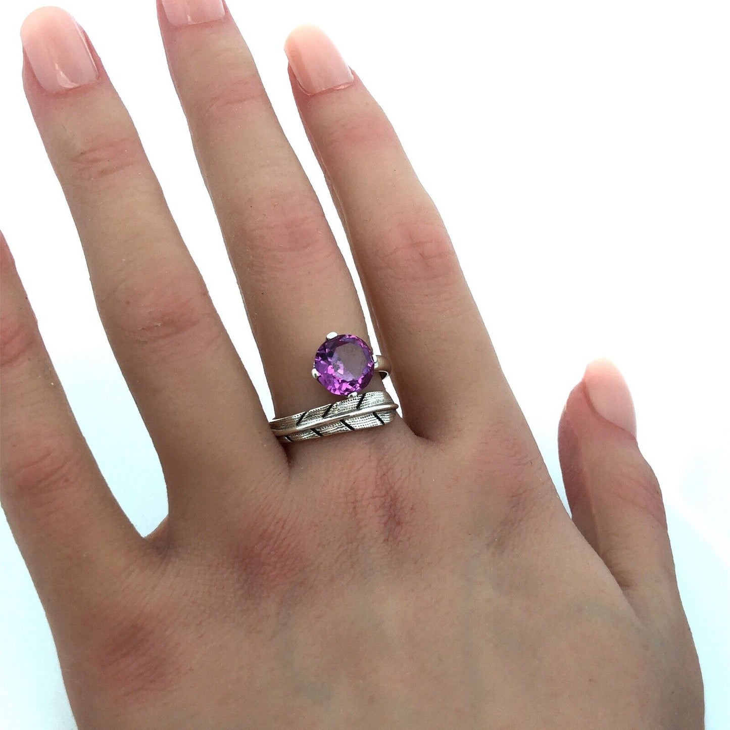 Vintage FS Mexico 925 Sterling Silver Round Purple Sapphire Feather Bypass Ring