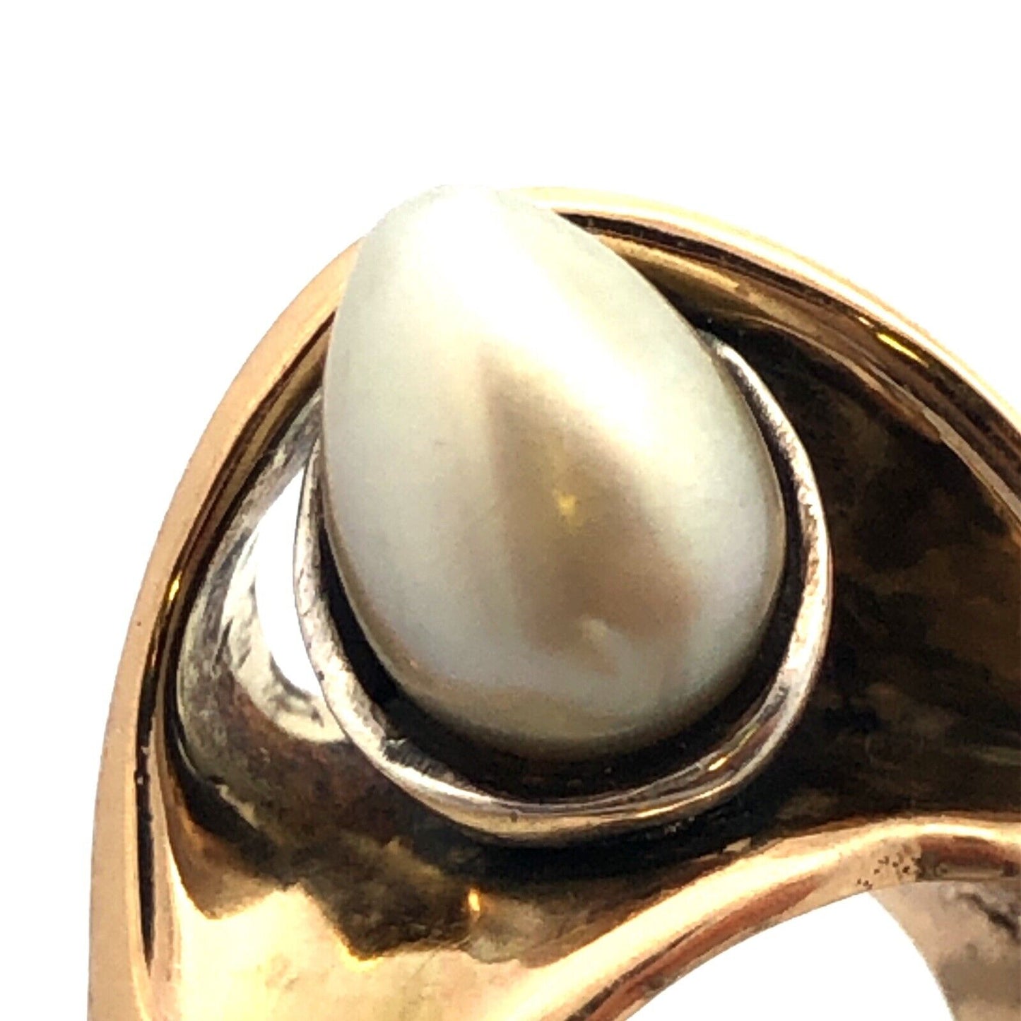 Vintage BAN 14K Yellow Gold Egg Oval Pearl Modernist Statement Ring