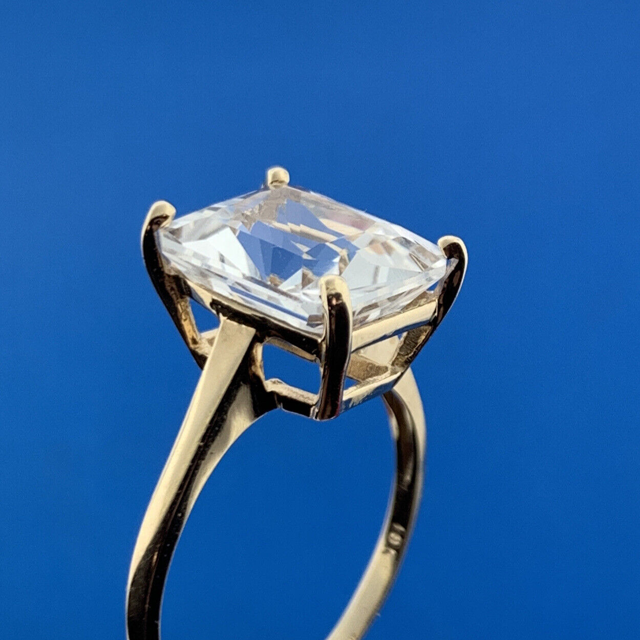 Designer 10K Yellow Gold Emerald Cut White Topaz Solitaire Statement Ring