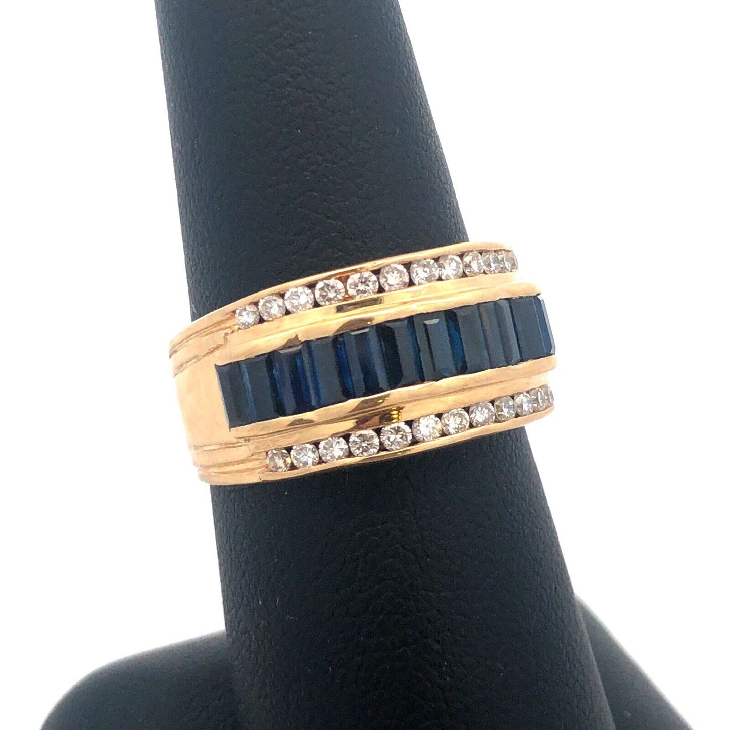 Vintage 14K Yellow Gold Sapphire Diamond Wedding Anniversary Wide Band Ring