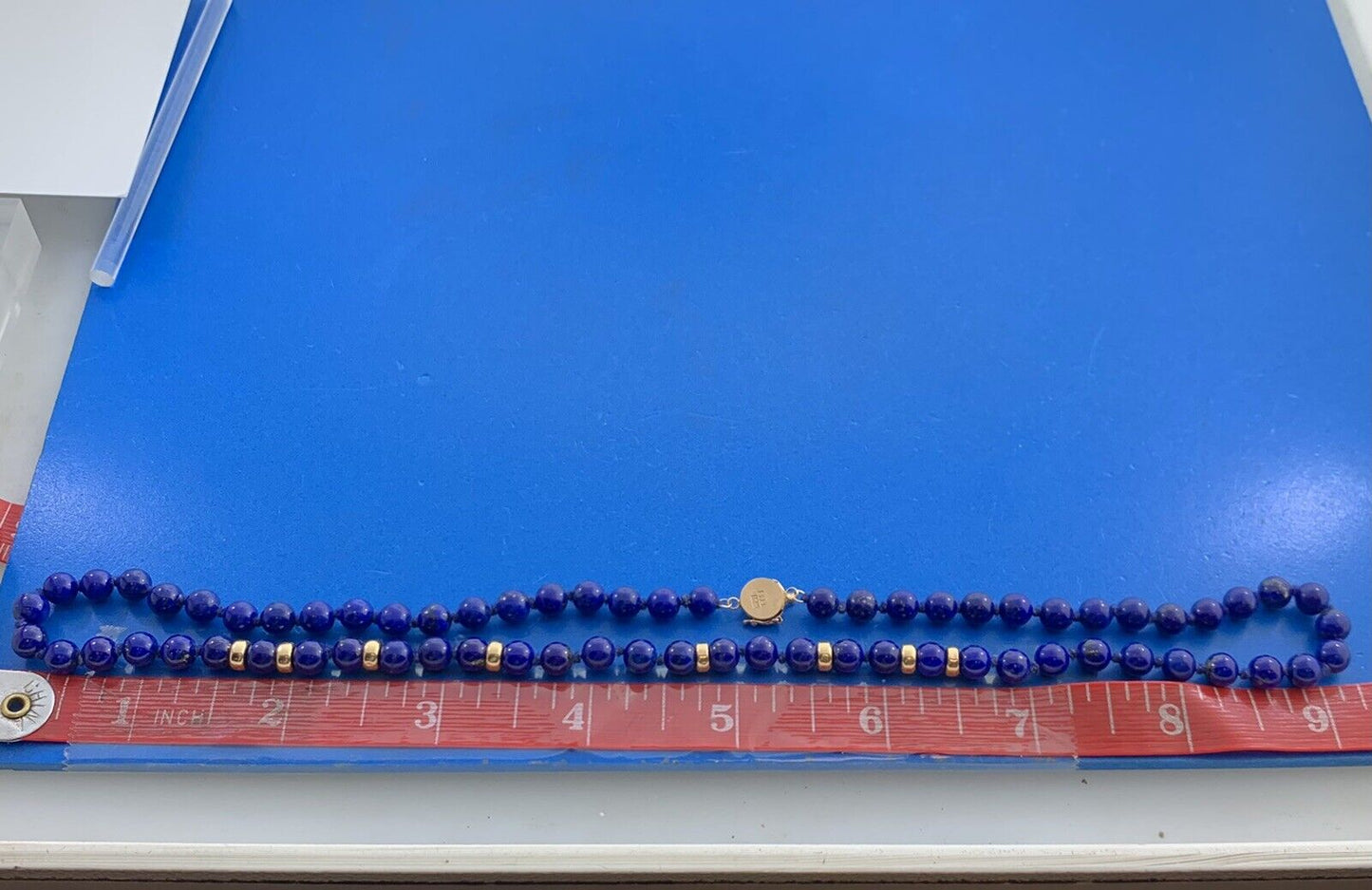 Designer 14K Yellow Gold Hand Knotted Lapis Lazuli Beaded Necklace