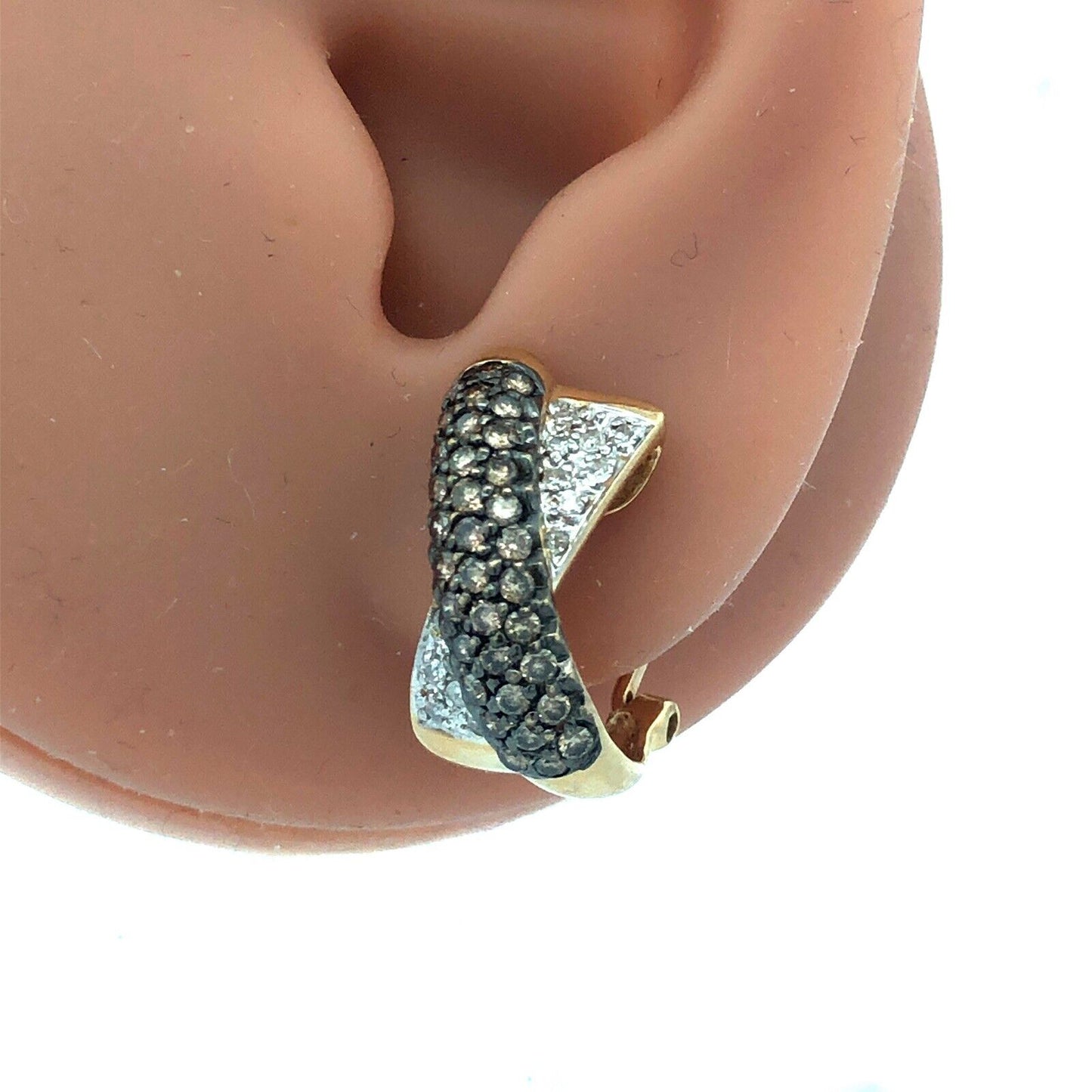 Designer 14K Yellow Gold Diamond Chocolate Vanilla Crossover Half Hoop Earrings