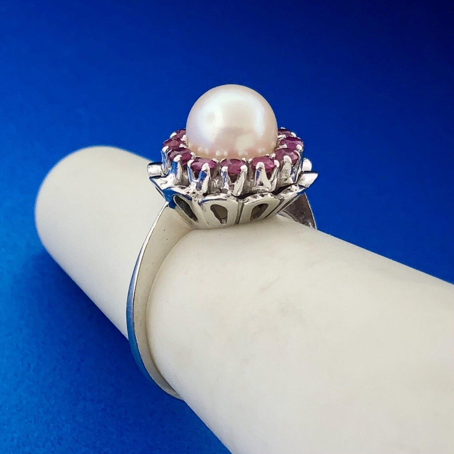 Gorgeous 14k White Gold Floral Round Cut Ruby Halo Pearl Ring SIze 4.25