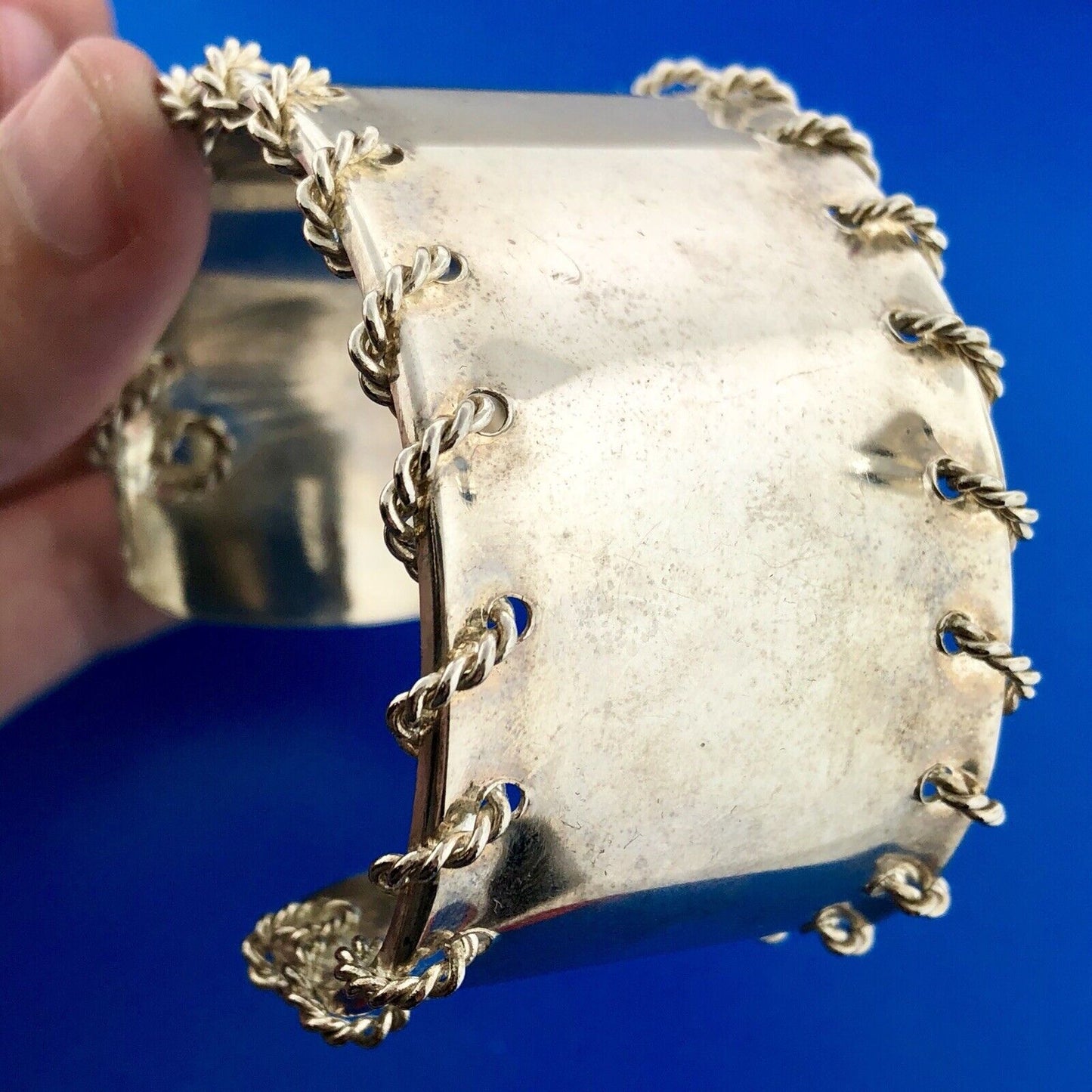 Modernist Silver Tone Twisted Wire Wrapped Polished Statement Cuff Bracelet