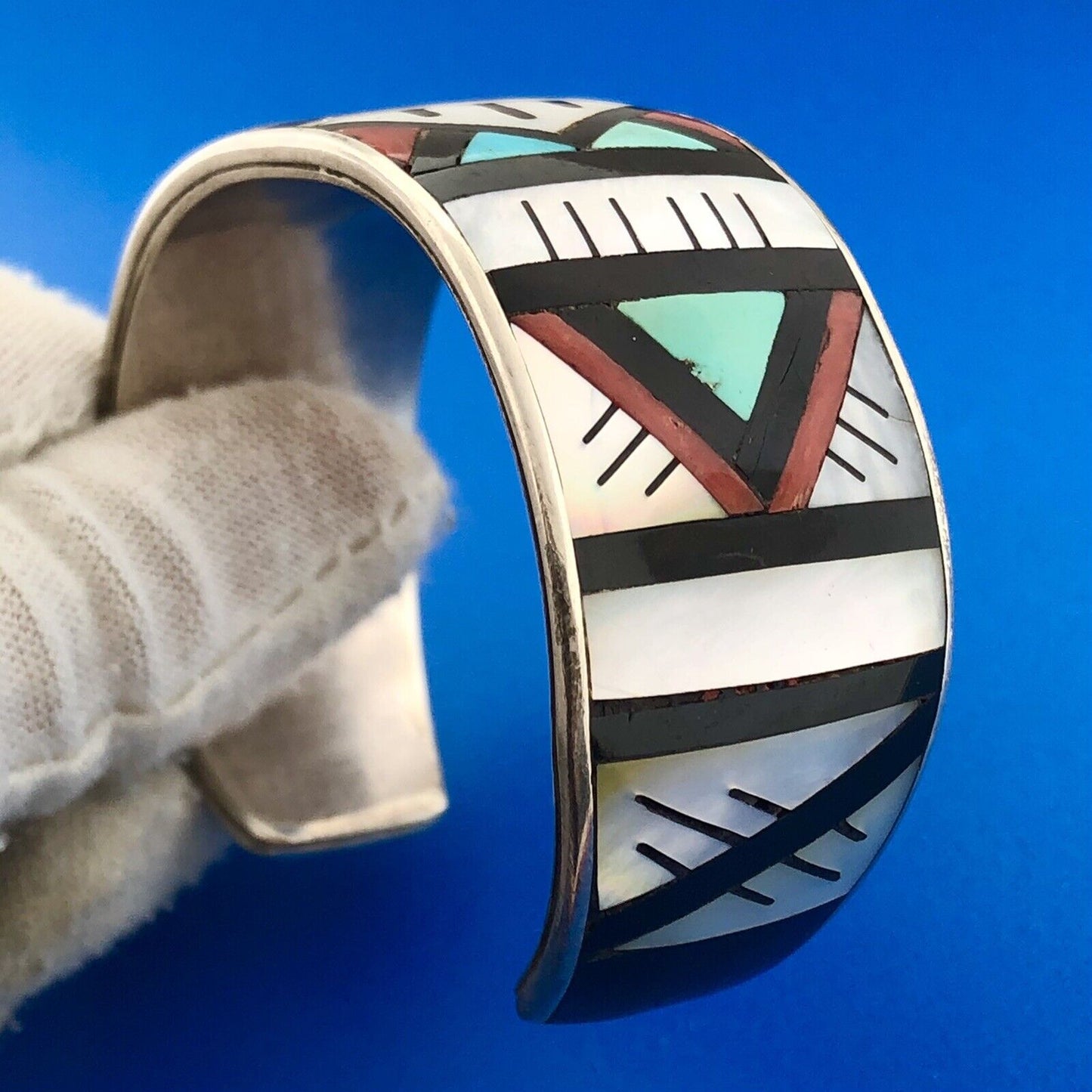 Native American Signed 925 Sterling Multi Stone Inlay Statement Cuff Bracelet