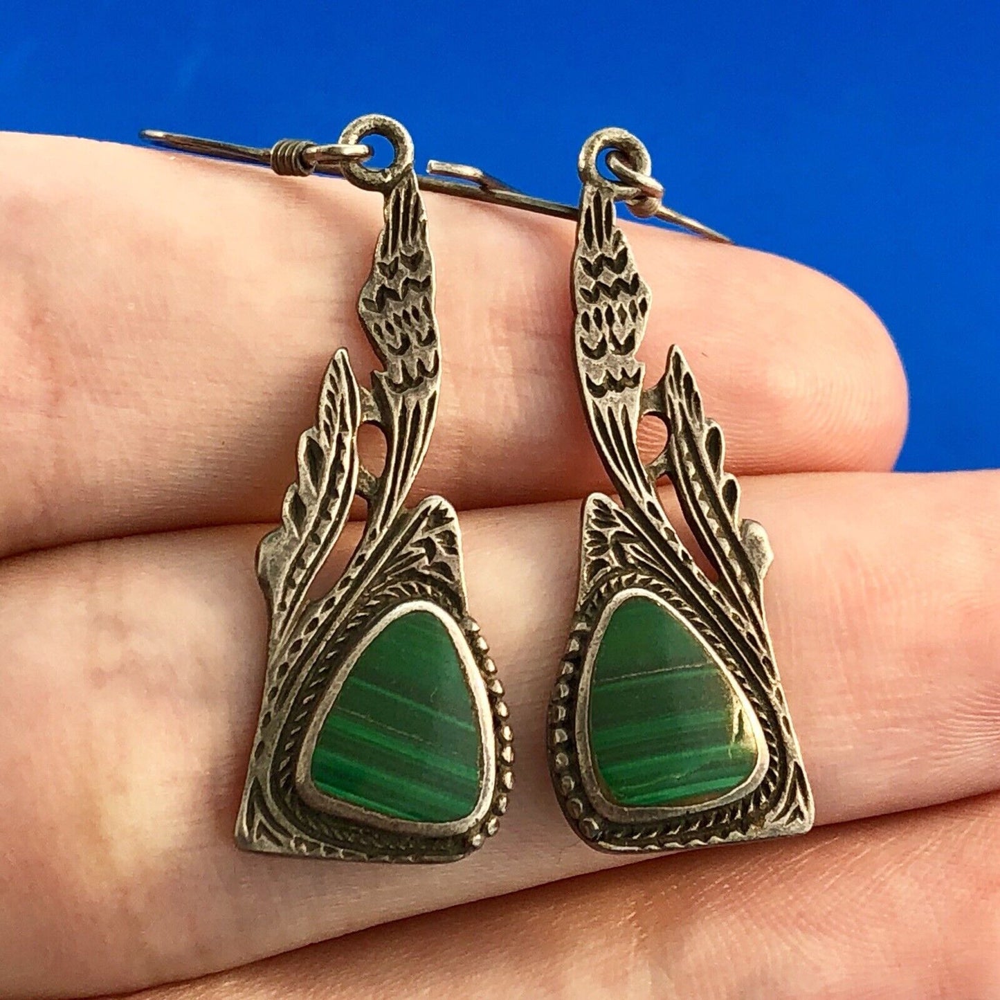 Estate Sterling Silver Malachite Trilliant Feather Wings Motif Dangle Earrings