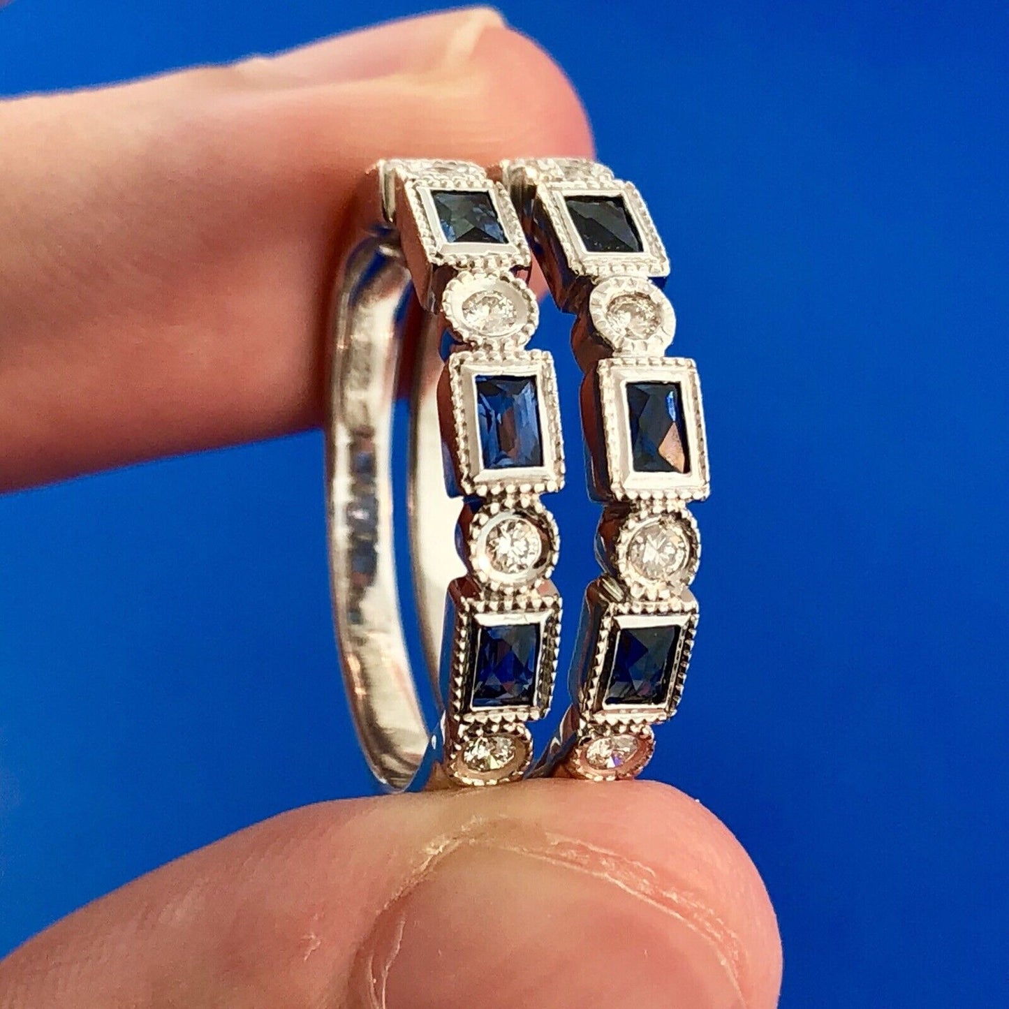 18K White Gold Emerald Cut Sapphire Round Diamond Stackable Anniversary Ring