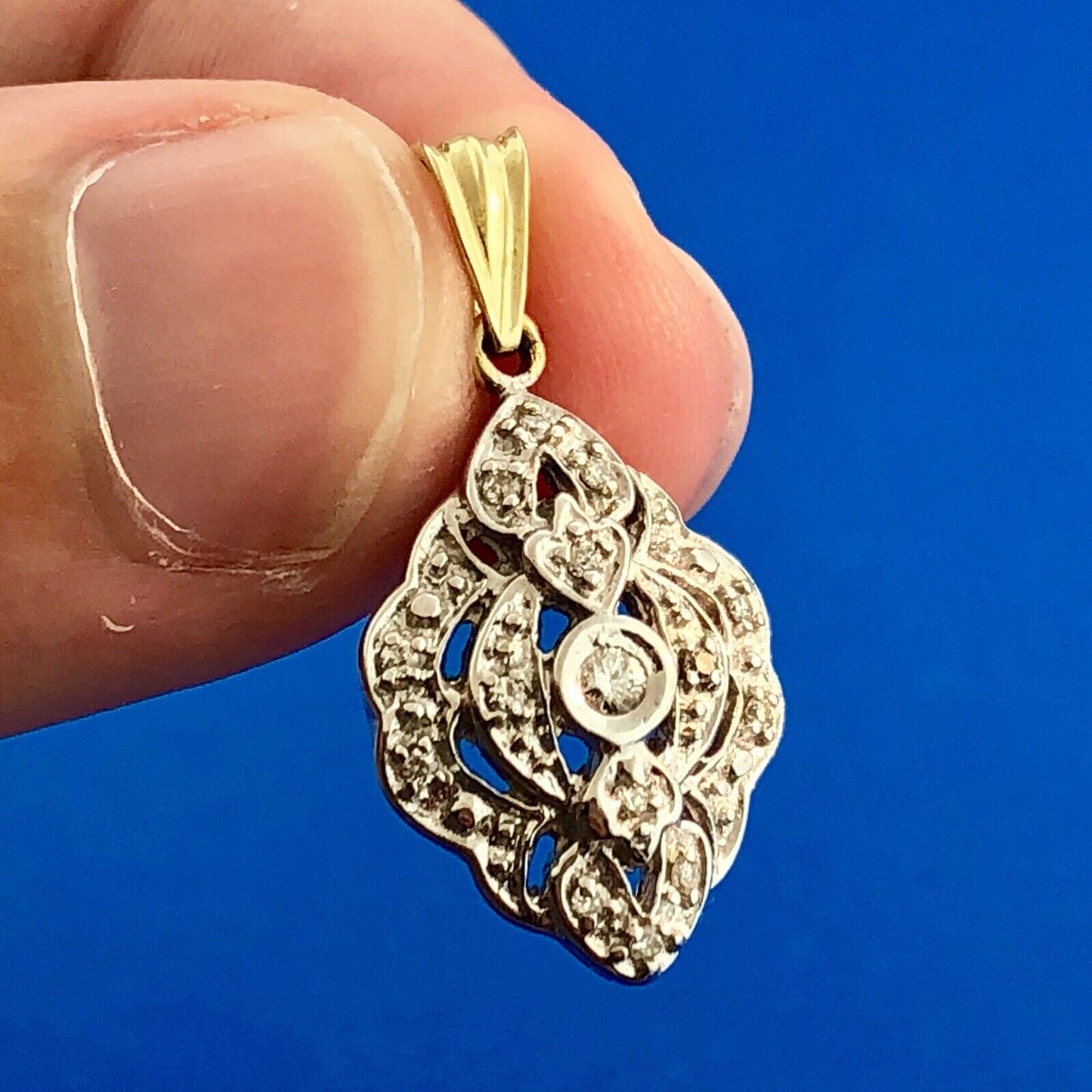 Vintage Art Deco Style 10k Yellow White Gold Diamond Pendant