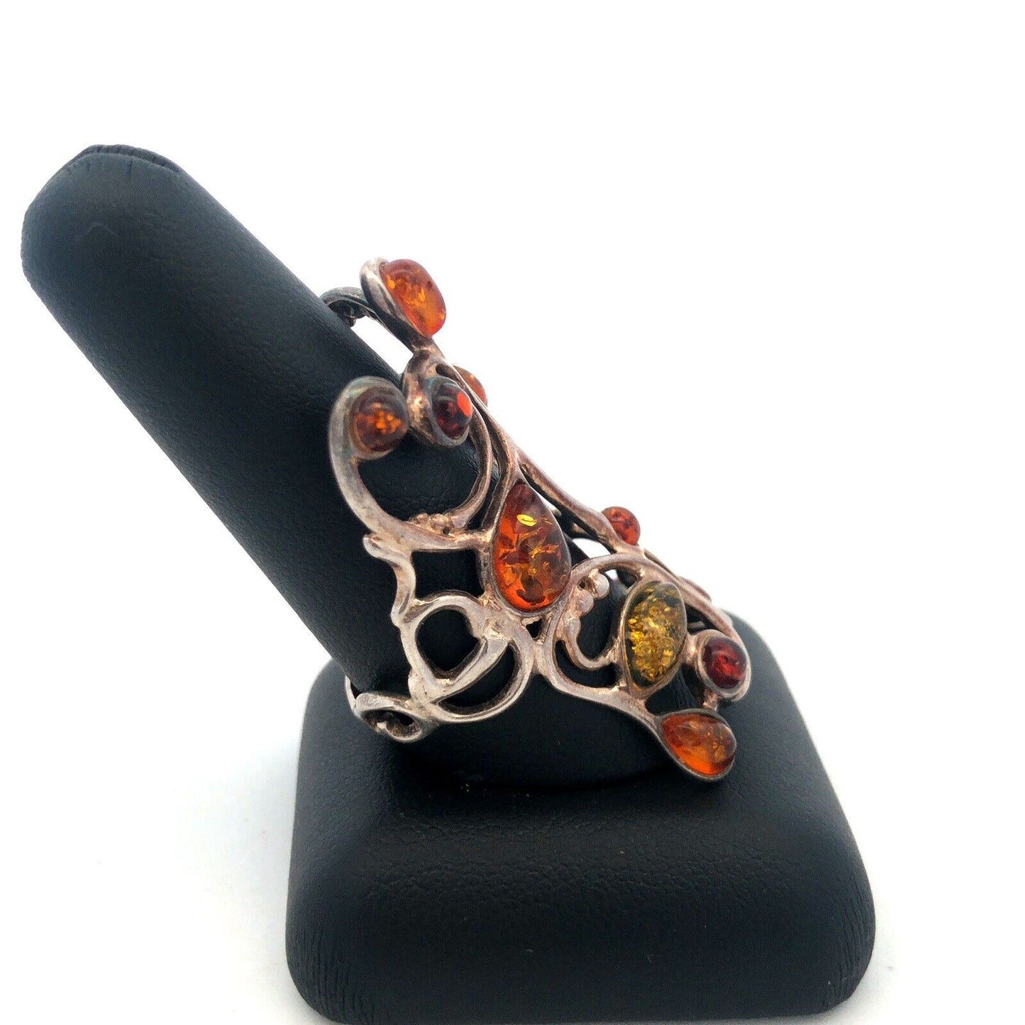 S6205Retro 925 Sterling Silver Mixed Amber Open Work Scroll Statement Finger Rin