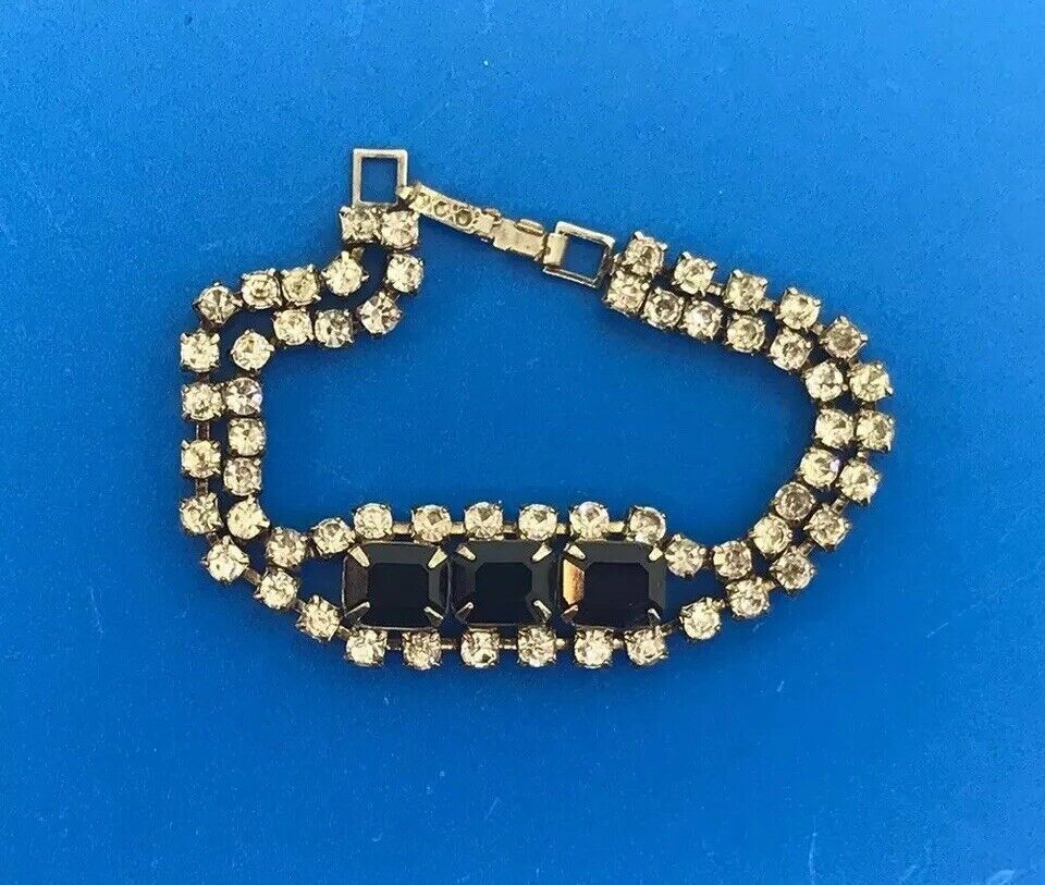 Vintage Silver Tone Rectangle Black Round White Rhinestone Runway Bracelet