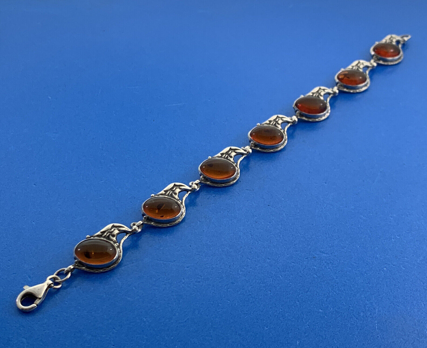 Vintage 925 Sterling Silver Oval Amber Cabochon Station Tennis Bracelet
