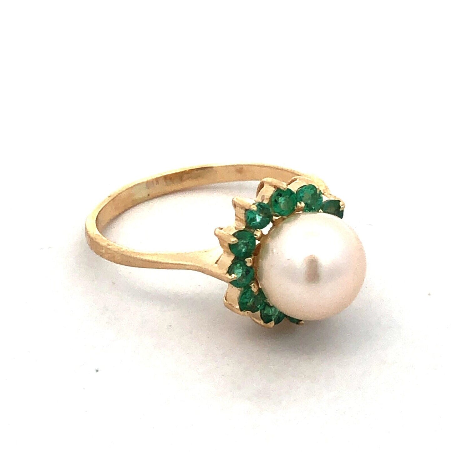 Designer 14K Yellow Gold Round Pearl Green Tourmaline Halo Cocktail Ring