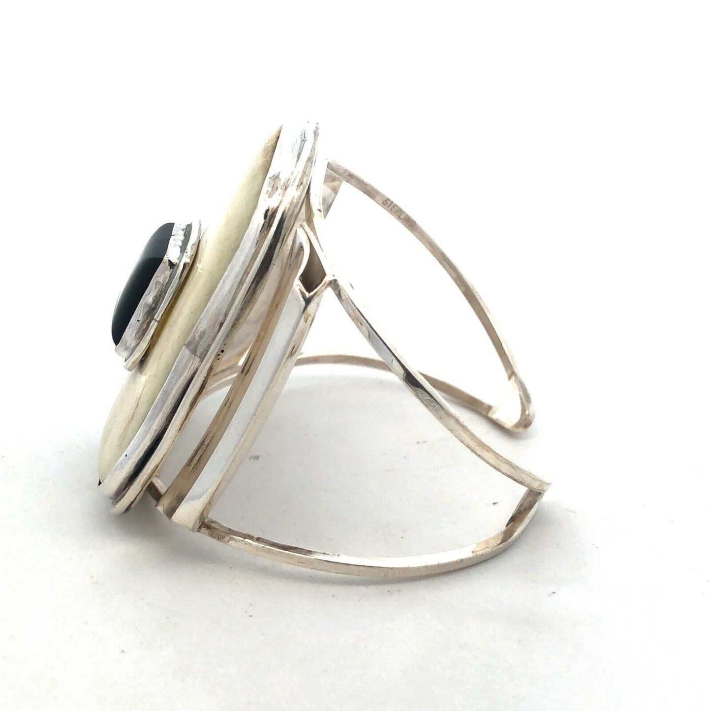 925 Sterling Silver Resin Black Tigers Eye Wide Cuff Bracelet