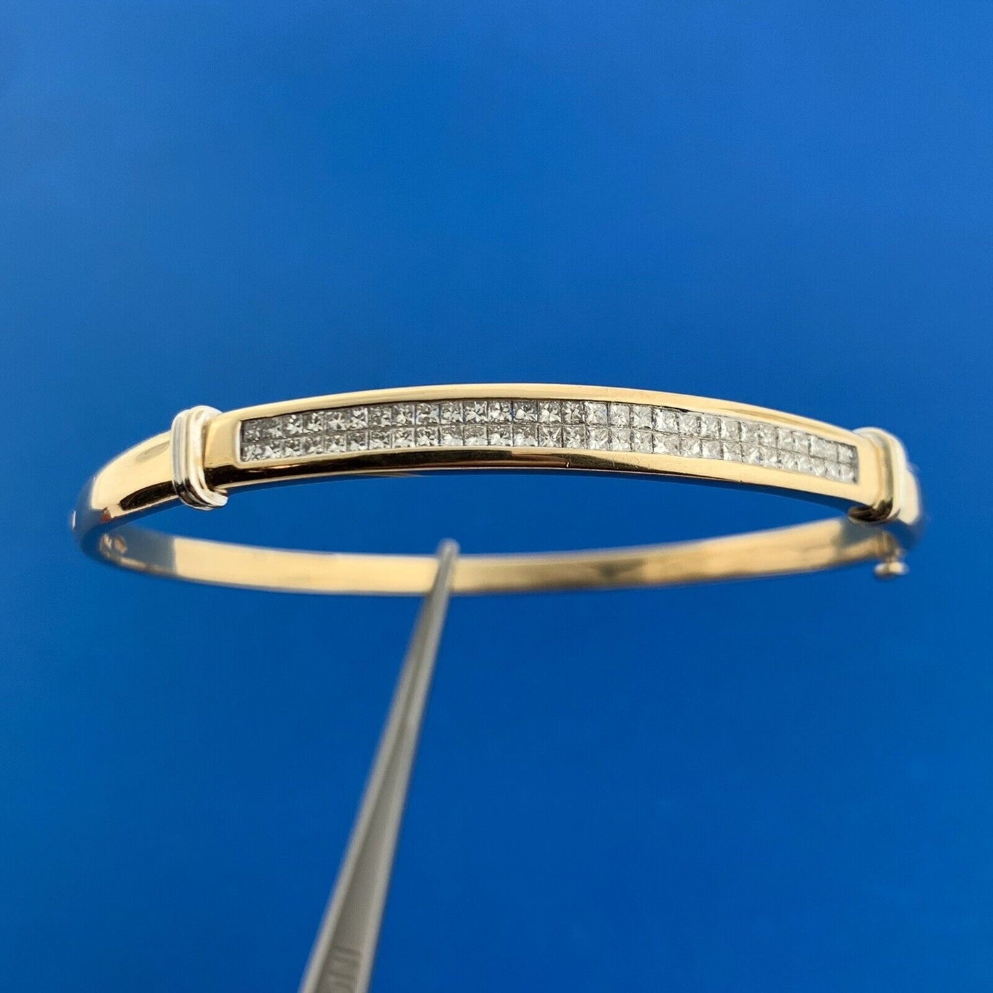 Designer 14K Yellow Gold Princess Channel Set Diamond Hinged Bangle Bracelet