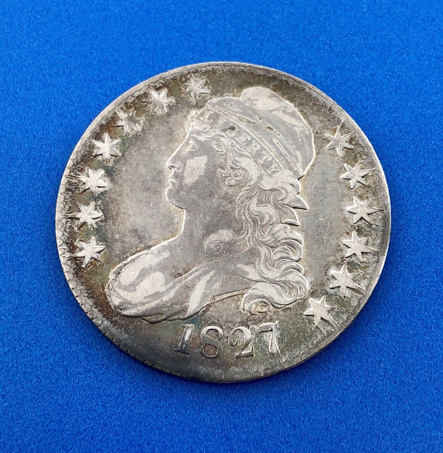 1827 P Capped Bust Silver Half Dollar 50c Early Philadelphia Mint Sunset Tones