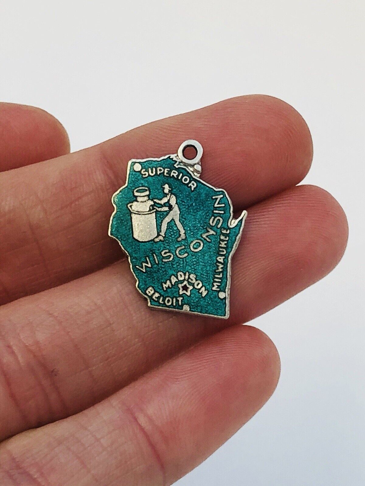 Vintage 925 Sterling Silver Green Enamel Wisconsin Bracelet Charm Nurse Doctor