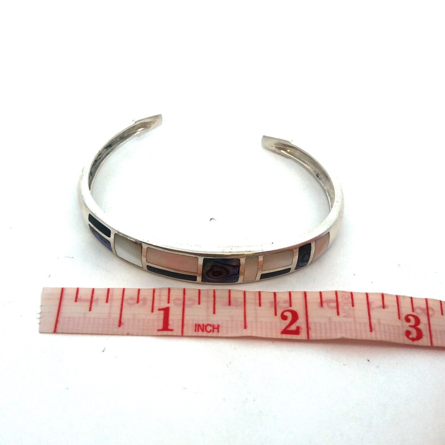 Designer Sterling Silver Abalone Mother Of Pearl Onyx Inlay Open Cuff Bracelet