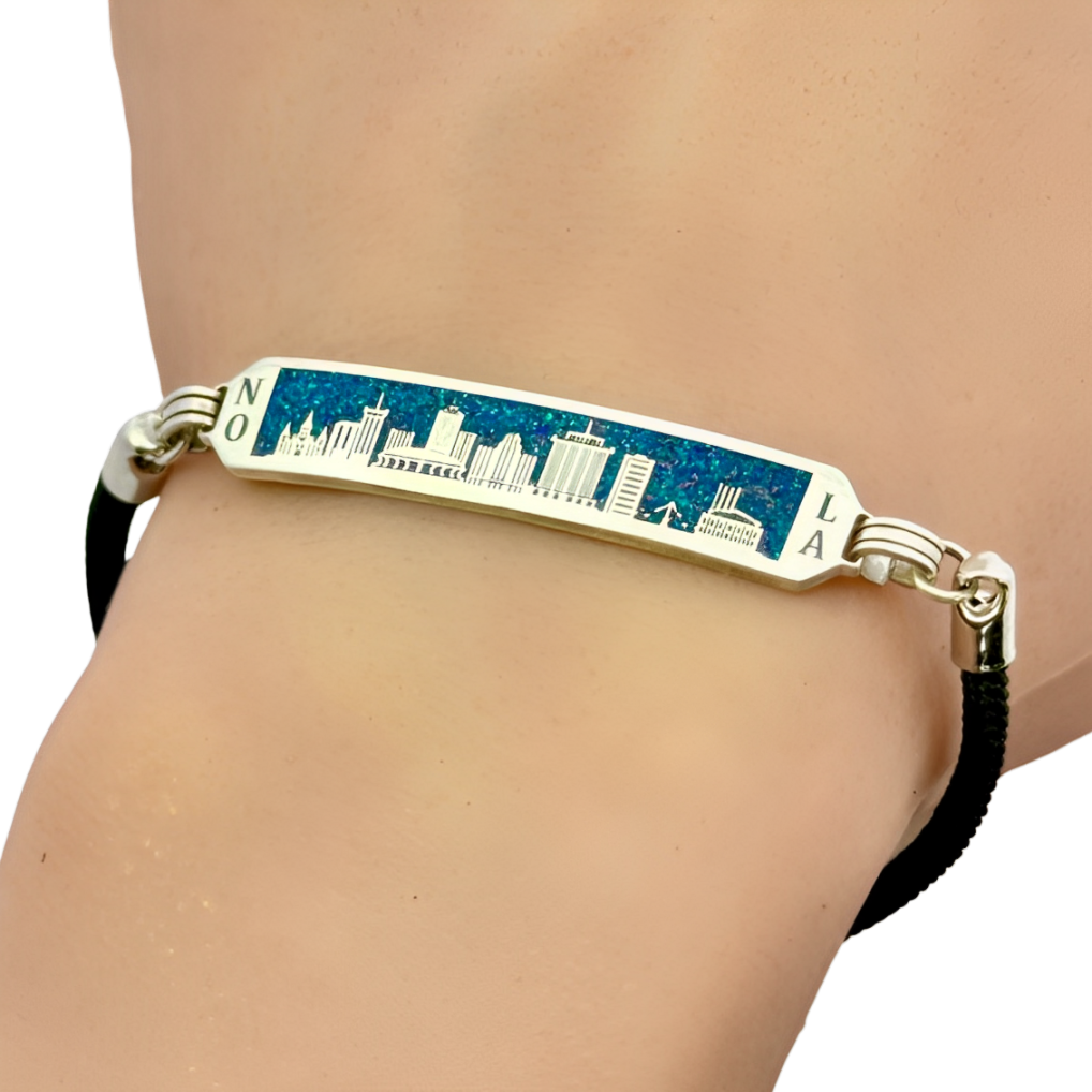 NOLA New Orleans Street Tile Sterling Silver Bello Opal Inlay Panel Bracelet