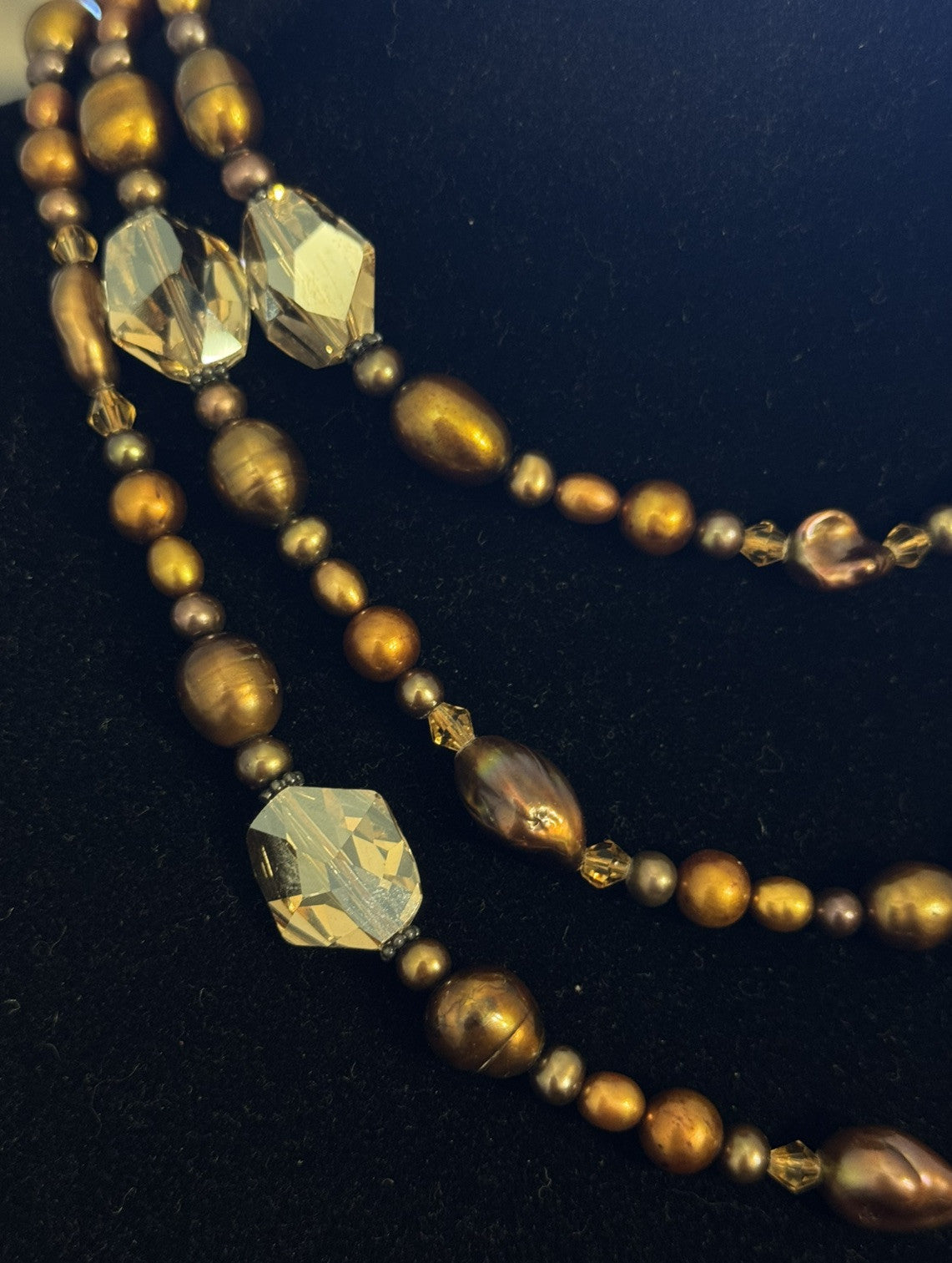 Vintage Bronze Tone Baroque Pearl Crystal Beaded Layering Necklace