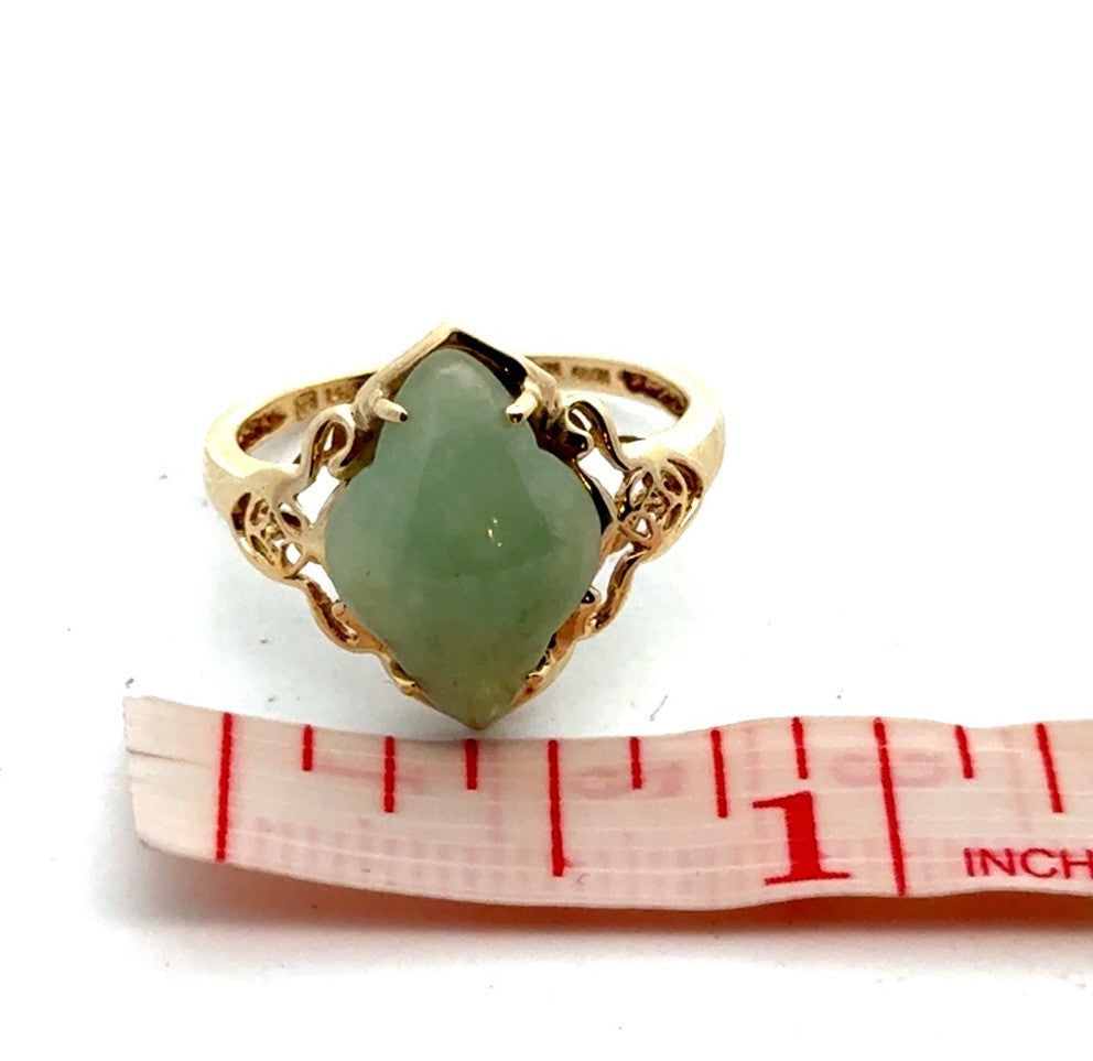 Designer 14K Yellow Gold Clover Green Jade Open Work Ring