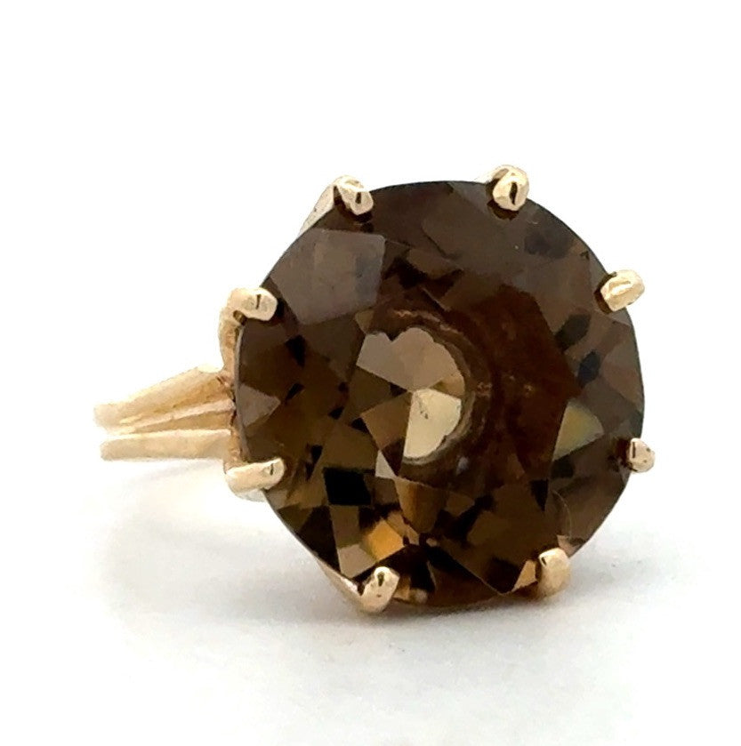 Estate Designer 14K Yellow Gold Round Smoky Topaz Solitaire Statement Ring