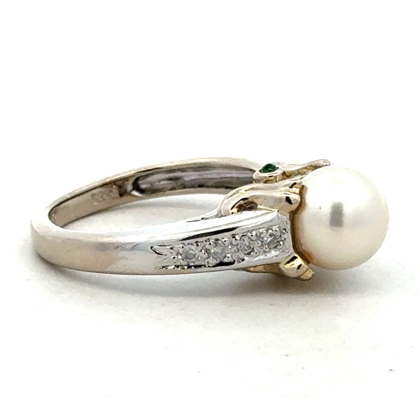 Designer 14K White Yellow Gold Diamond Emerald Pearl Solitaire Anniversary Ring