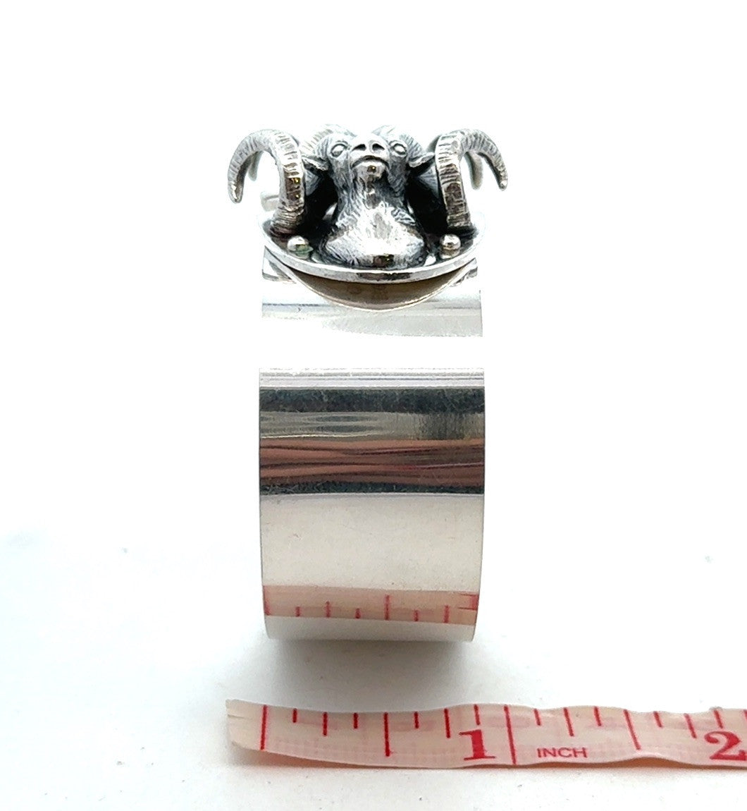 Artisan 925 Sterling Silver Ram's Head Aries Zodiac Statement Open Cuff Bracelet