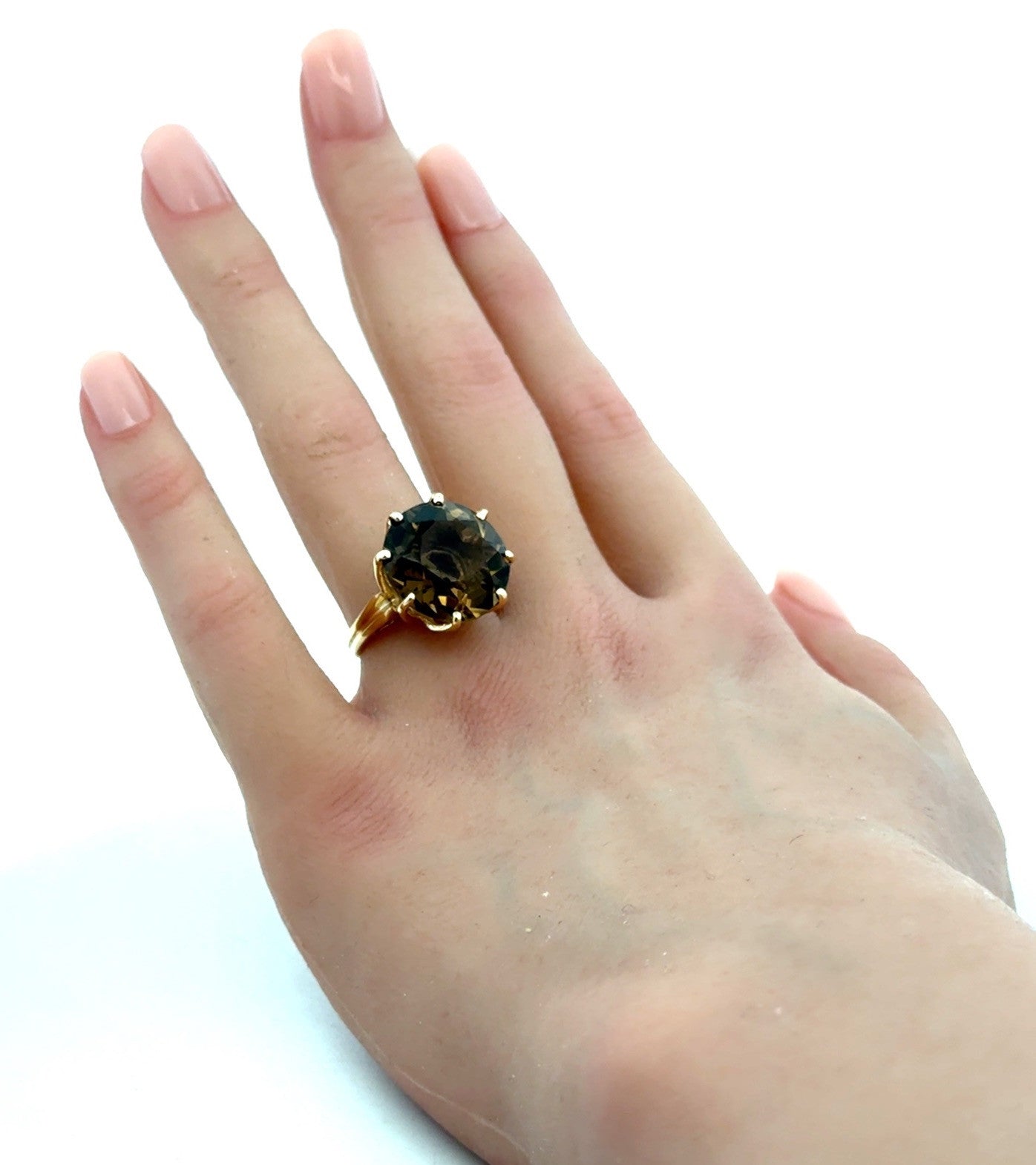 Estate Designer 14K Yellow Gold Round Smoky Topaz Solitaire Statement Ring