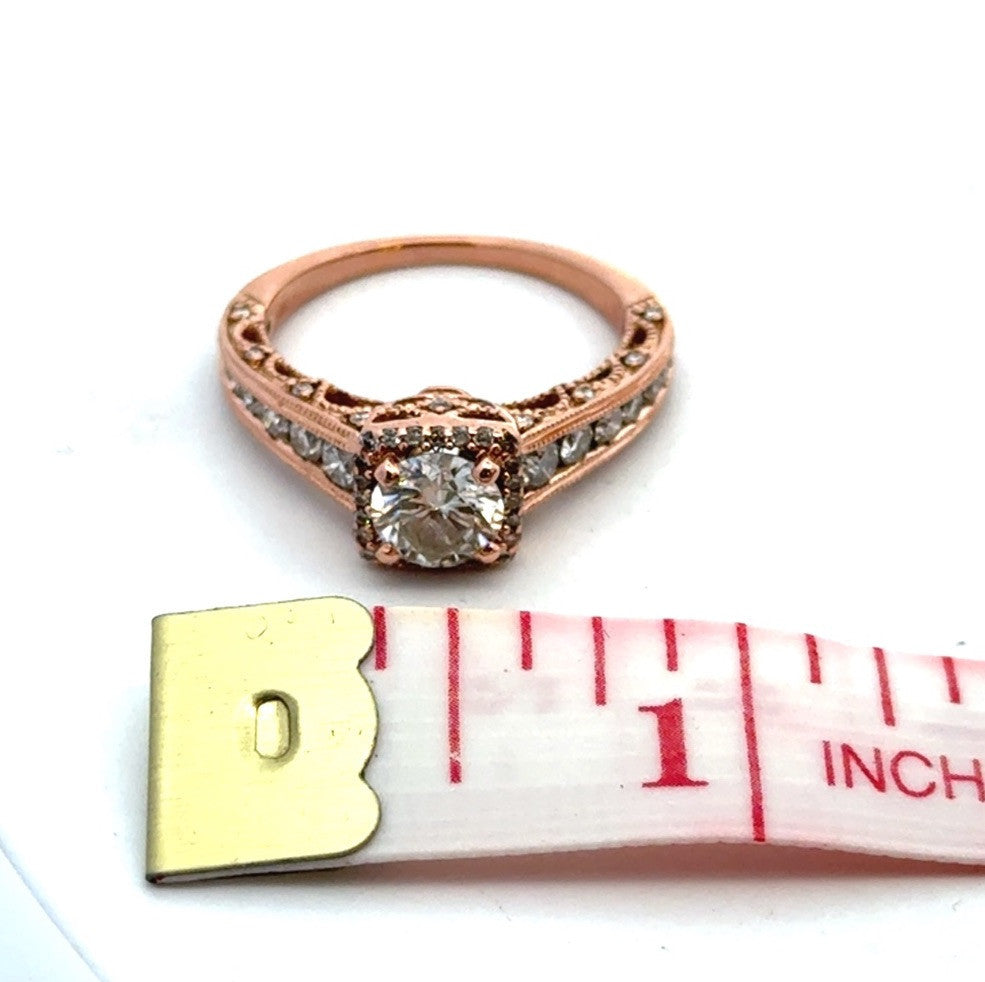Designer 14K Rose Gold Round White Topaz Square Halo Engagement Ring