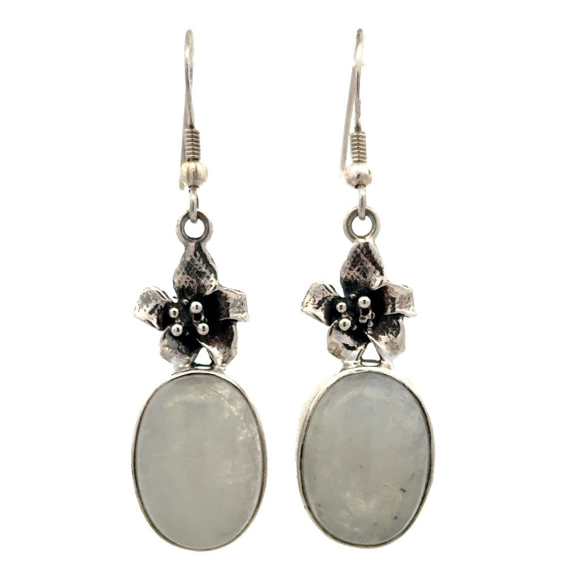925 Sterling Silver Oval Moonstone Flower Hook Dangle Earrings
