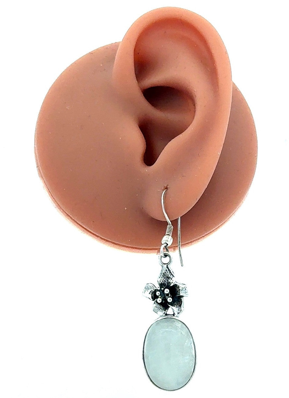 925 Sterling Silver Oval Moonstone Flower Hook Dangle Earrings