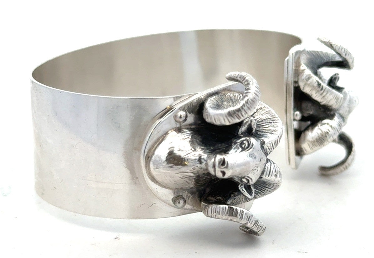 Artisan 925 Sterling Silver Ram's Head Aries Zodiac Statement Open Cuff Bracelet